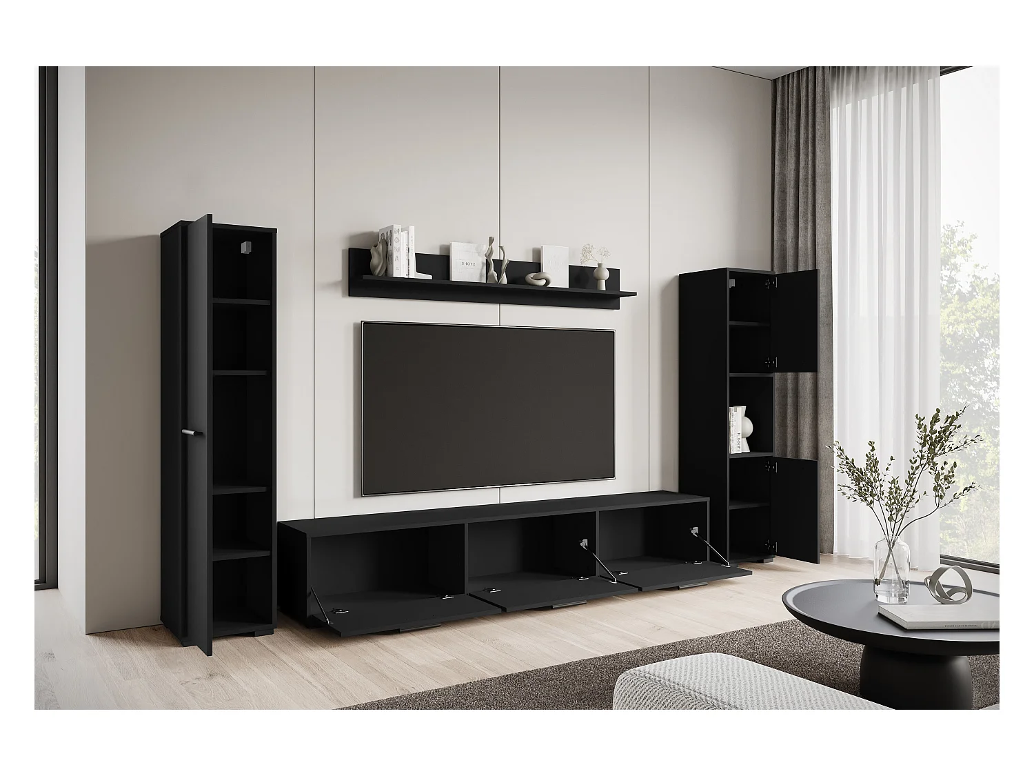 Moderne woonwand – hangend/staand, tv-meubel 180 cm, 2 kolomkasten, wandplank, zwart mat
