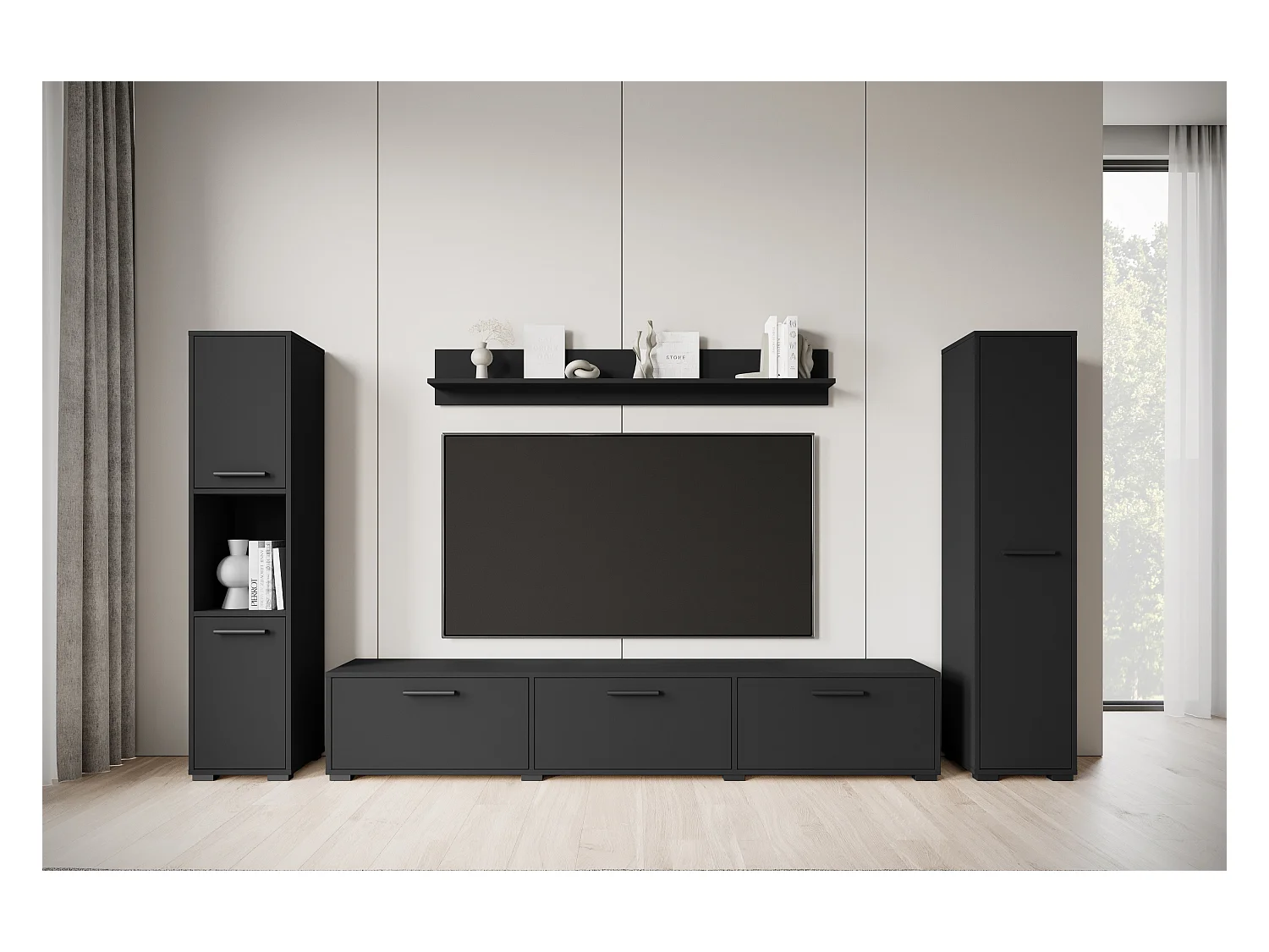 Moderne woonwand – hangend/staand, tv-meubel 180 cm, 2 kolomkasten, wandplank, zwart mat