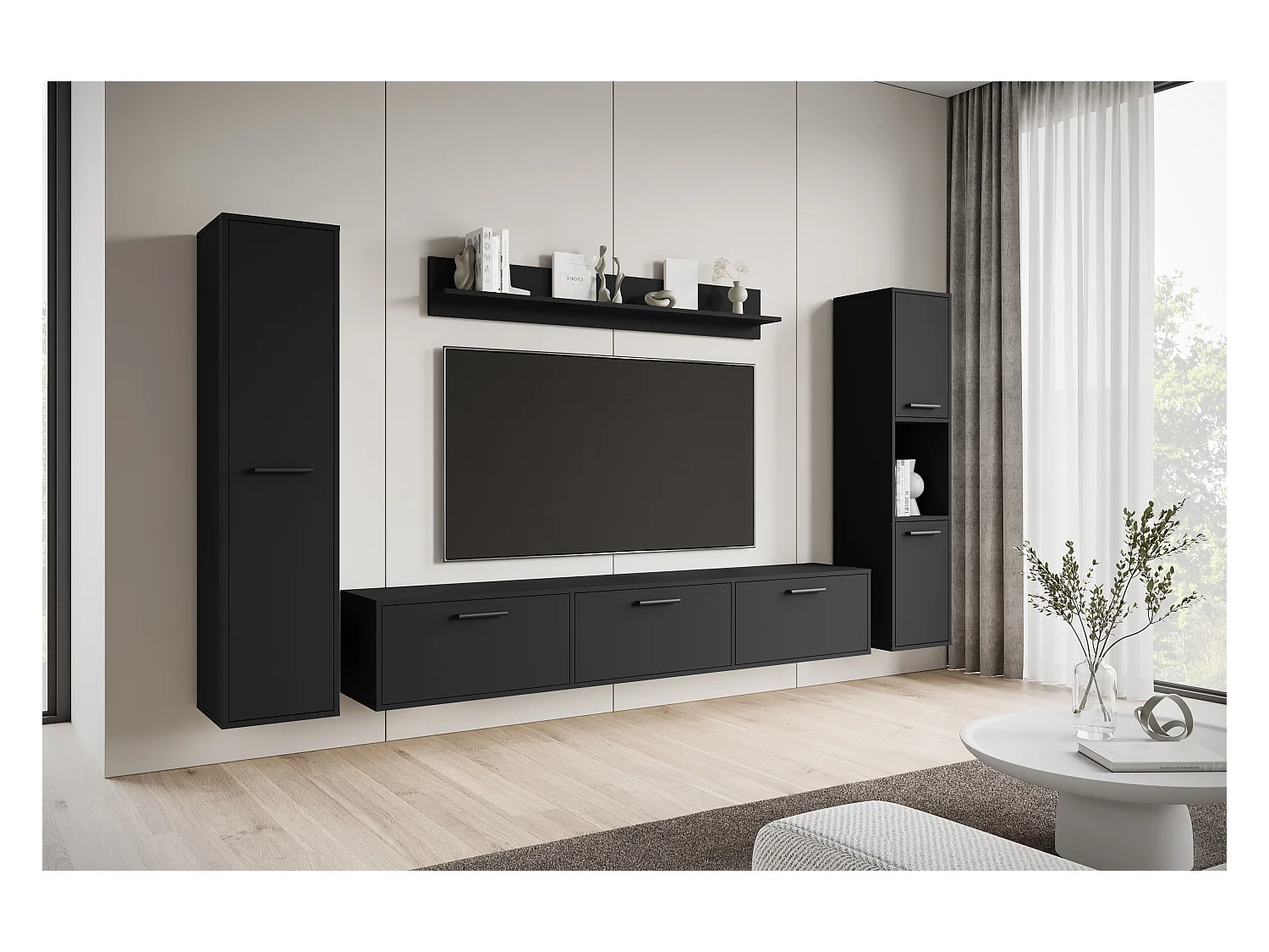 Moderne woonwand – hangend/staand, tv-meubel 180 cm, 2 kolomkasten, wandplank, zwart mat
