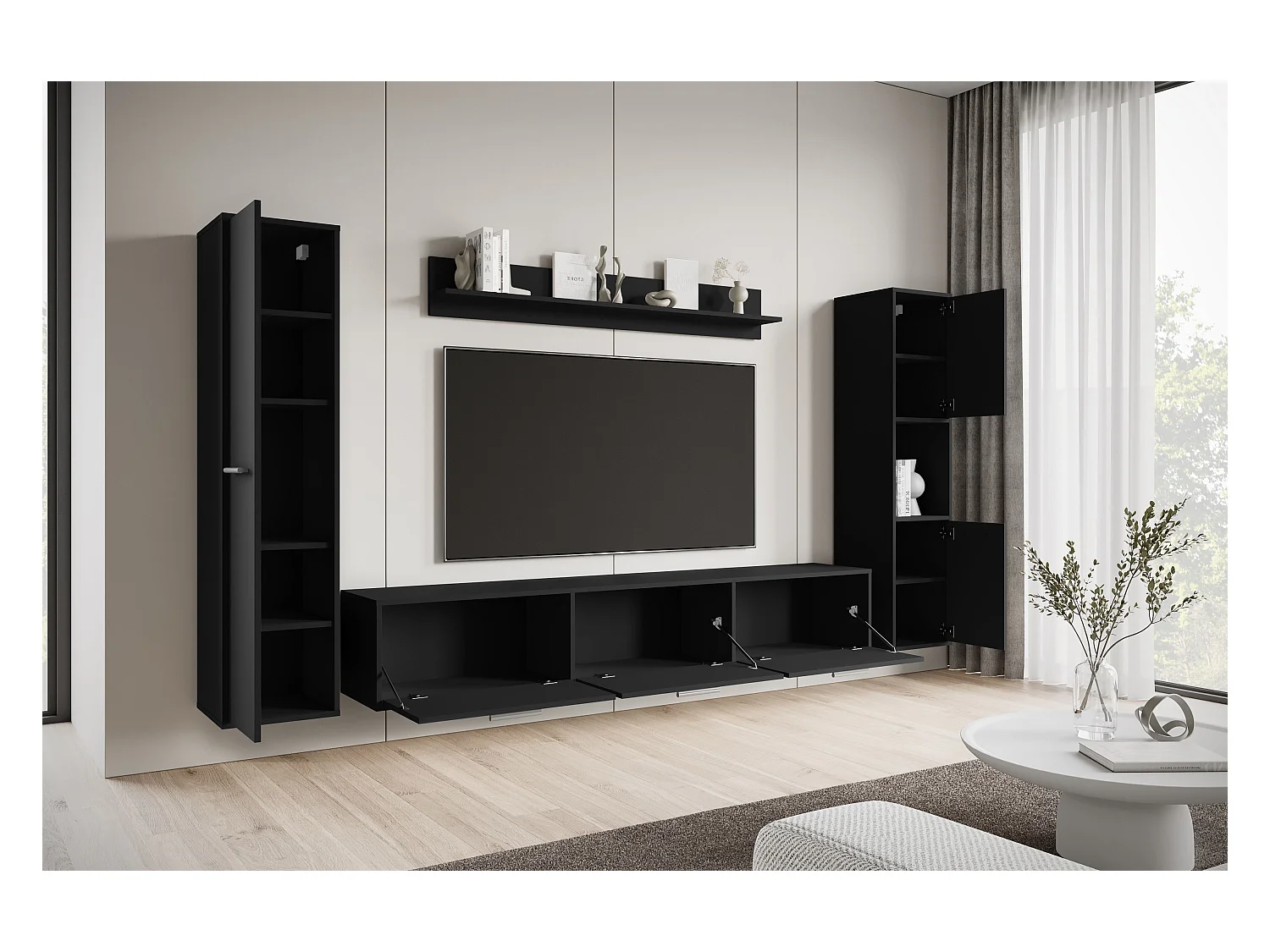 Moderne woonwand – hangend/staand, tv-meubel 180 cm, 2 kolomkasten, wandplank, zwart mat