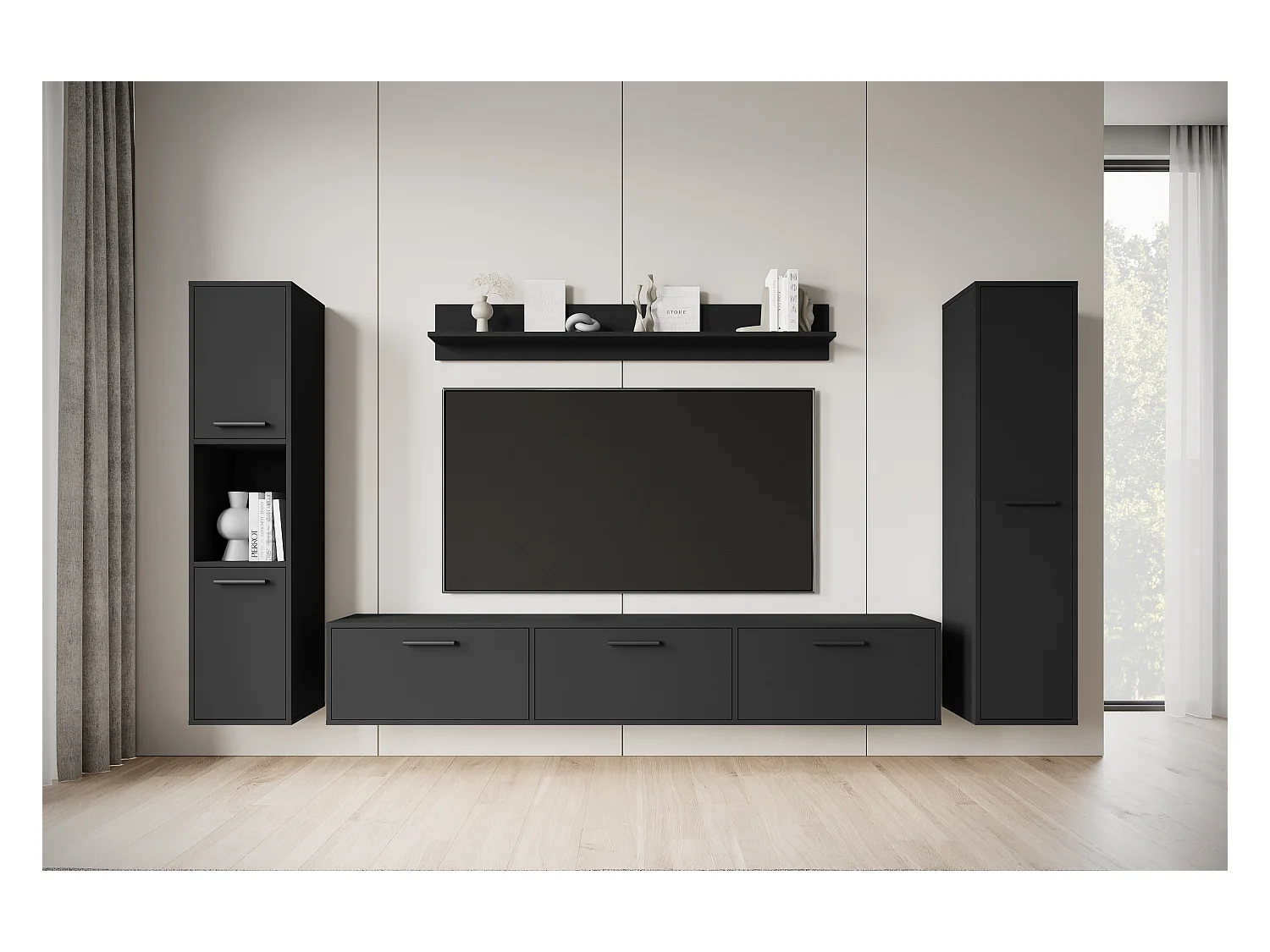 Moderne woonwand – hangend/staand, tv-meubel 180 cm, 2 kolomkasten, wandplank, zwart mat
