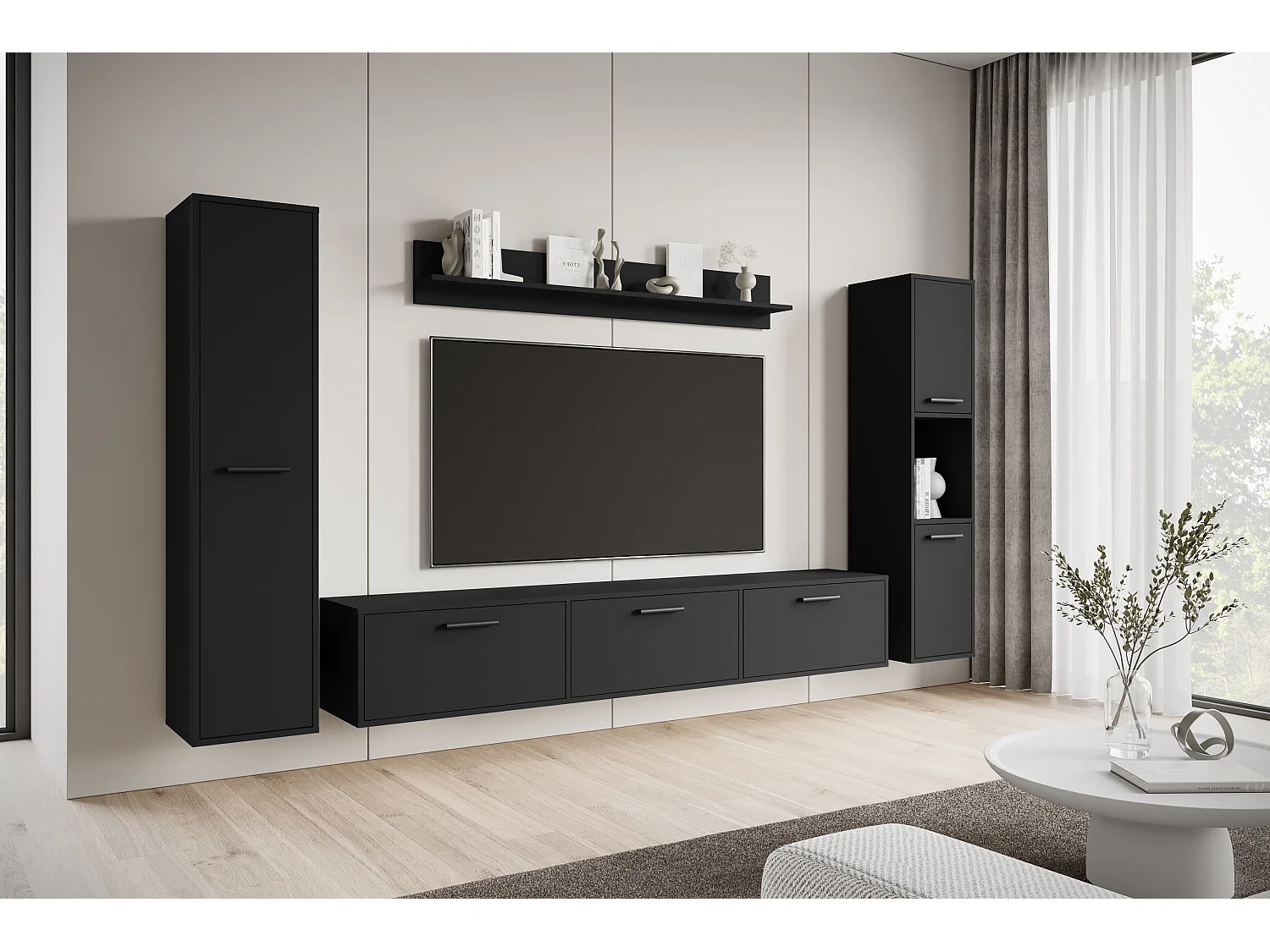 Mueble de salón moderno – conjunto suspendido y de suelo, mueble TV 180 cm, 2 columnas, estante, negro mate