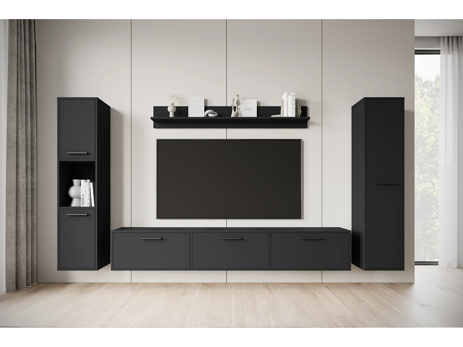 Mueble de salón moderno – conjunto suspendido y de suelo, mueble TV 180 cm, 2 columnas, estante, negro mate