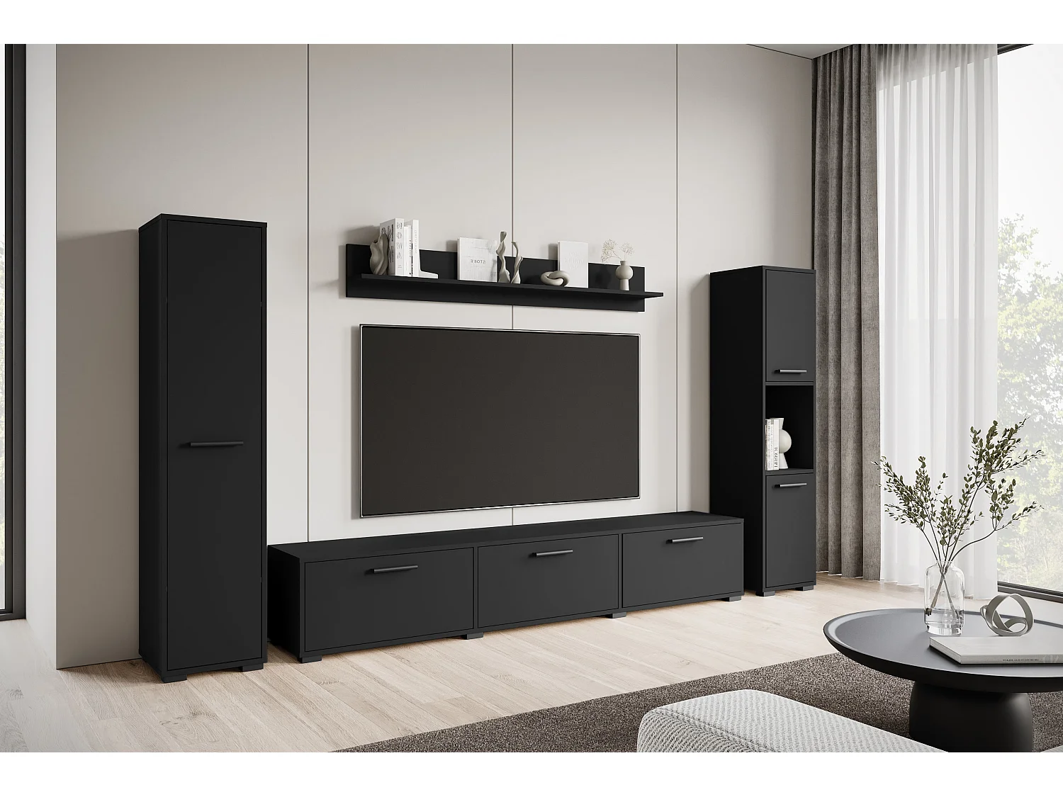 Conjunto de sala moderno – conjunto suspenso e de chão, móvel TV 180 cm, 2 colunas, prateleira, preto mate