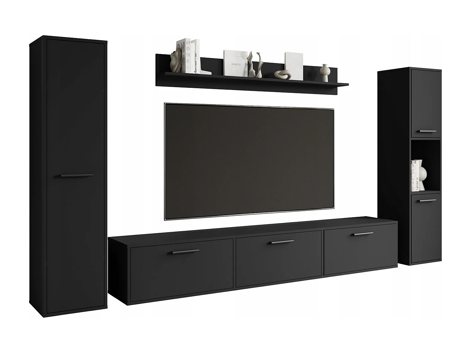 Conjunto de sala moderno – conjunto suspenso e de chão, móvel TV 180 cm, 2 colunas, prateleira, preto mate