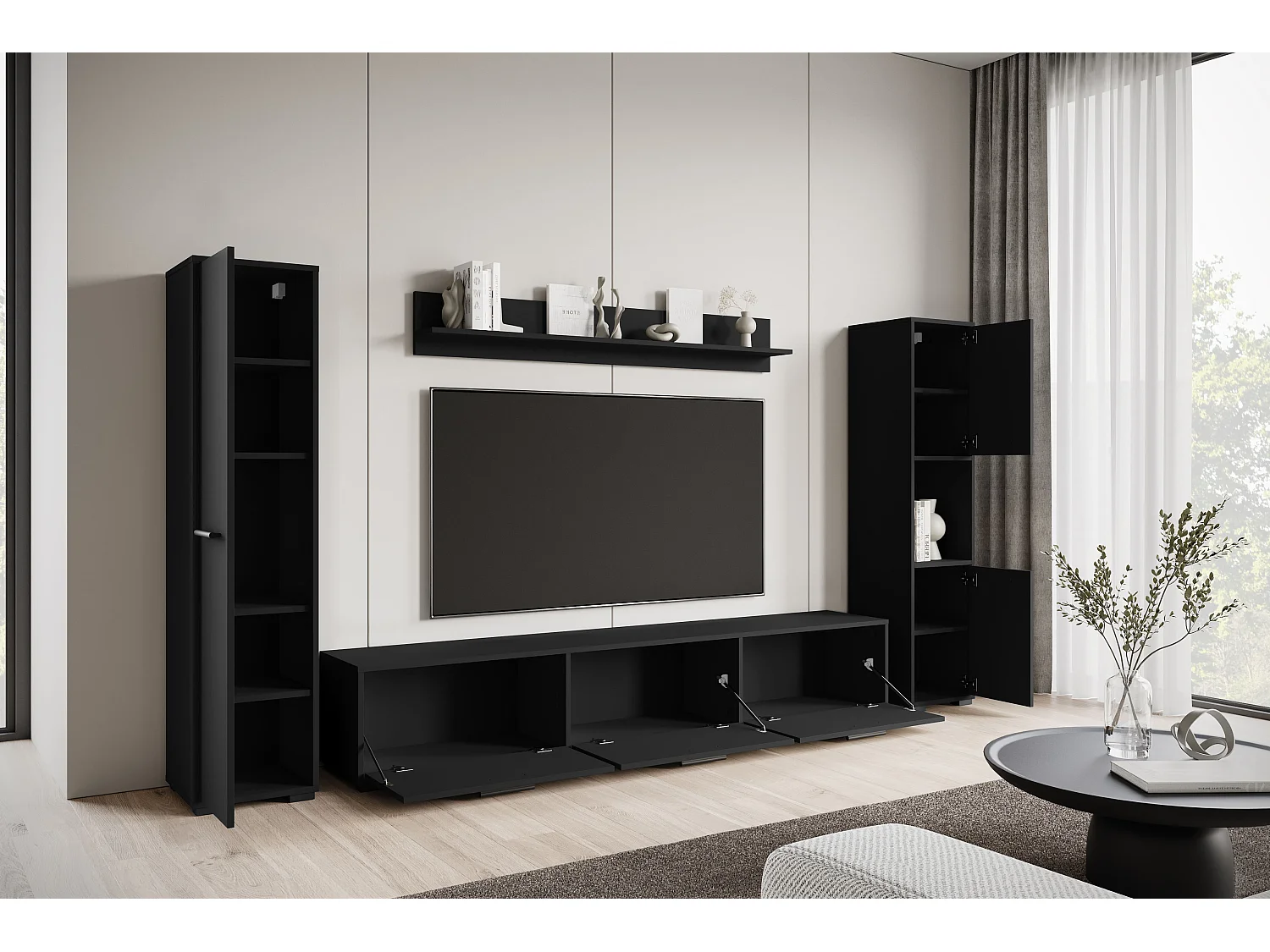 Conjunto de sala moderno – conjunto suspenso e de chão, móvel TV 180 cm, 2 colunas, prateleira, preto mate