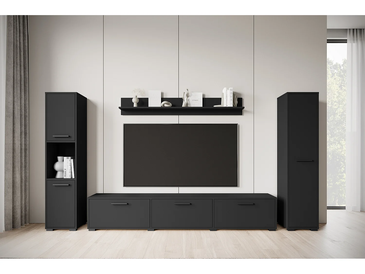 Conjunto de sala moderno – conjunto suspenso e de chão, móvel TV 180 cm, 2 colunas, prateleira, preto mate