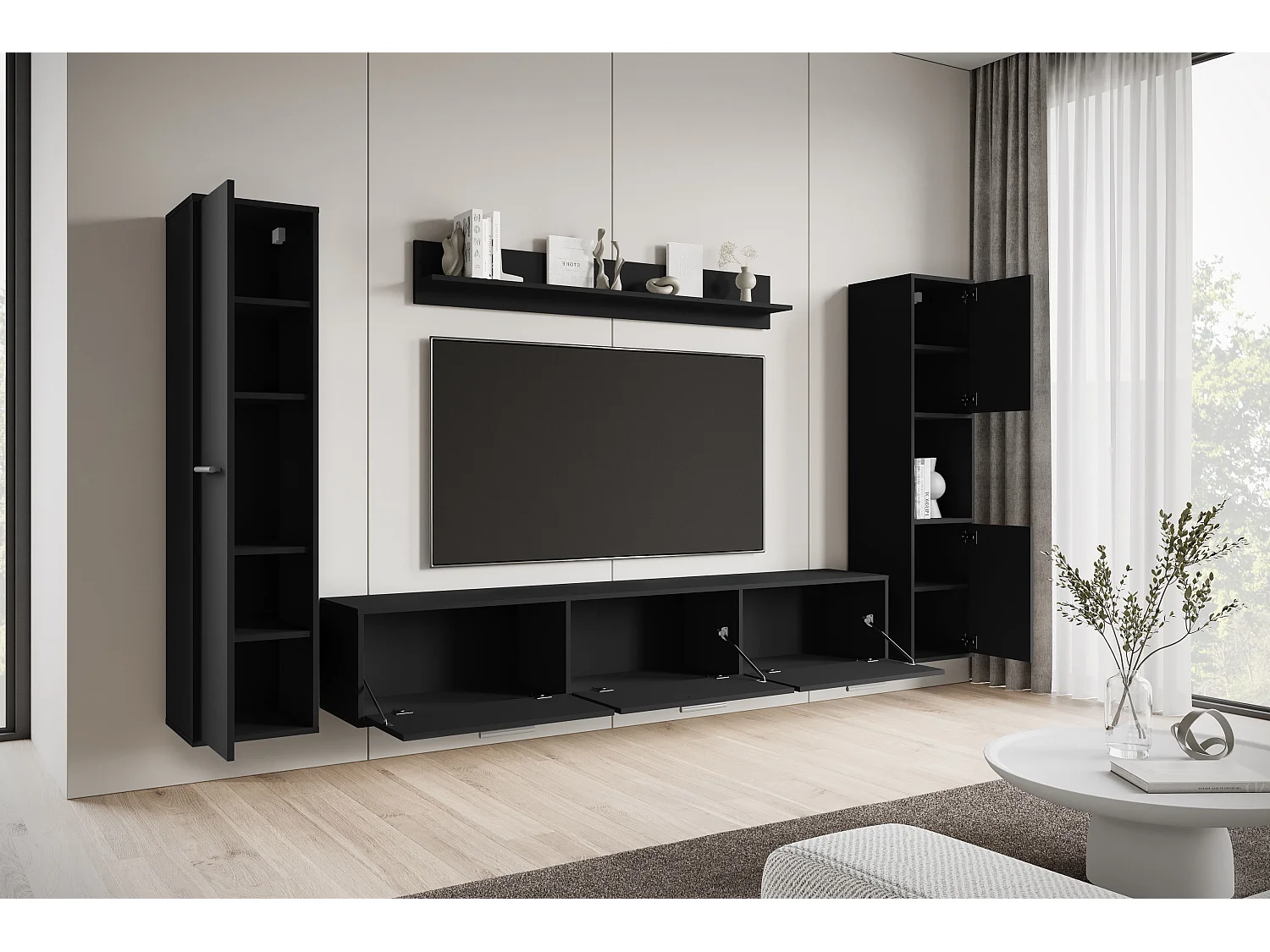 Conjunto de sala moderno – conjunto suspenso e de chão, móvel TV 180 cm, 2 colunas, prateleira, preto mate