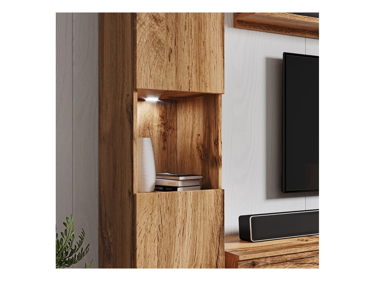 Mueble de salón moderno 4 piezas, roble wotan mate, 2 columnas y mueble TV 180 cm