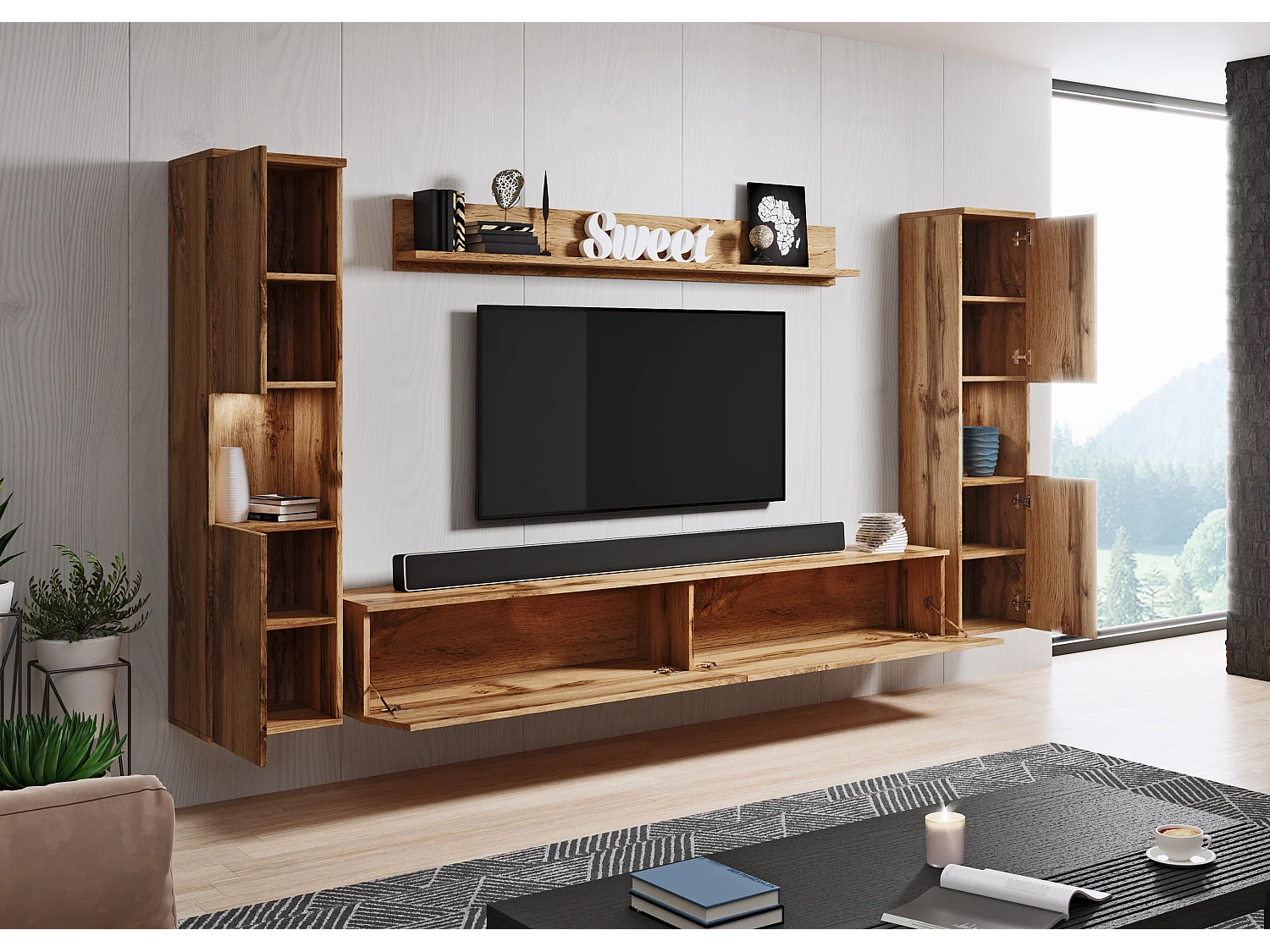 Mueble de salón moderno 4 piezas, roble wotan mate, 2 columnas y mueble TV 180 cm