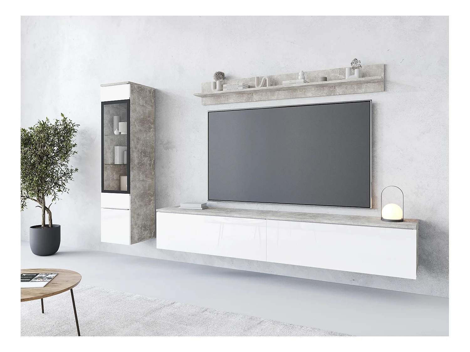 Ensemble moderne de meubles de salon 3 éléments – meuble TV 180 cm, vitrine et étagère, corps béton mat, façades blanc brillant, autoportant ou suspendu
