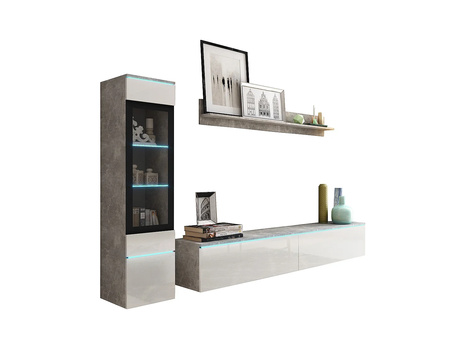 Ensemble moderne de meubles de salon 3 éléments – meuble TV 180 cm, vitrine et étagère, corps béton mat, façades blanc brillant, autoportant ou suspendu