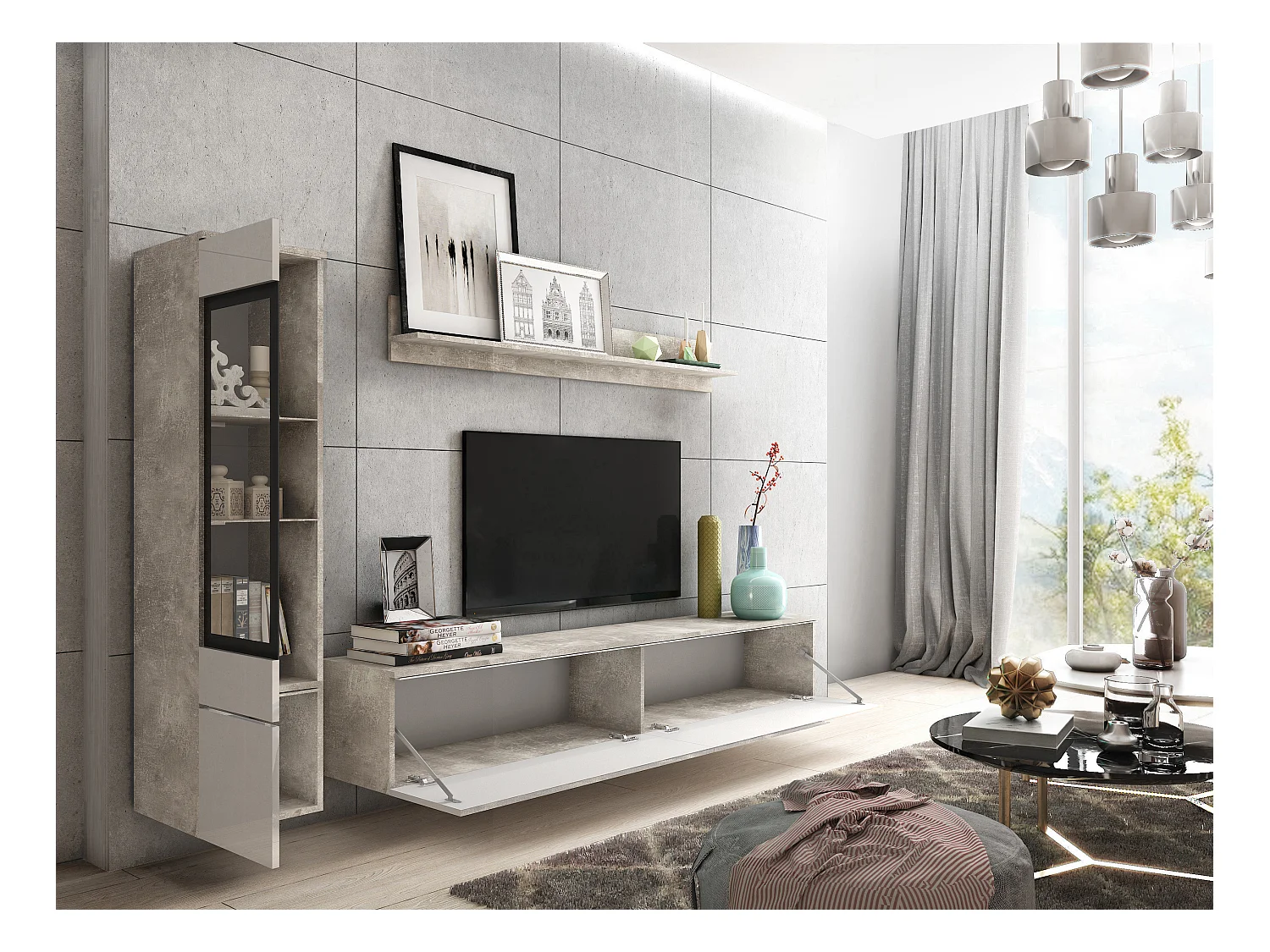 Ensemble moderne de meubles de salon 3 éléments – meuble TV 180 cm, vitrine et étagère, corps béton mat, façades blanc brillant, autoportant ou suspendu