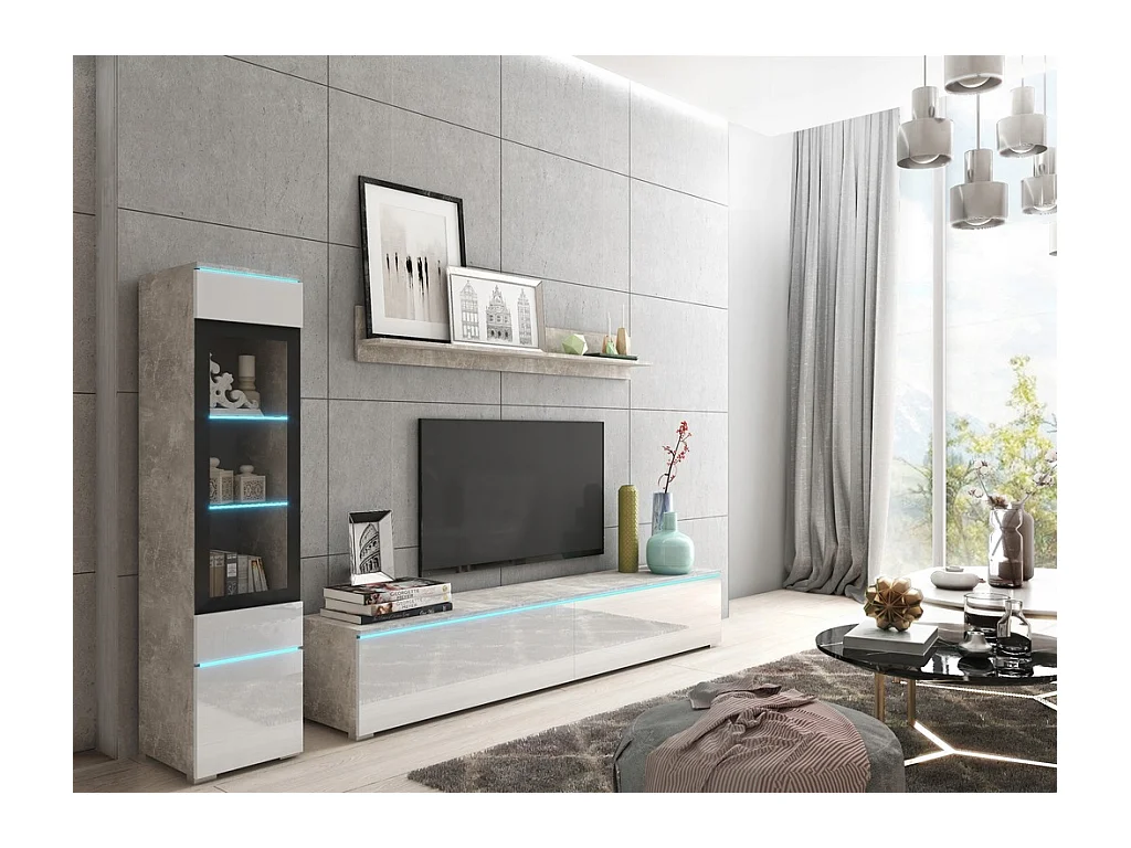 Ensemble moderne de meubles de salon 3 éléments – meuble TV 180 cm, vitrine et étagère, corps béton mat, façades blanc brillant, autoportant ou suspendu