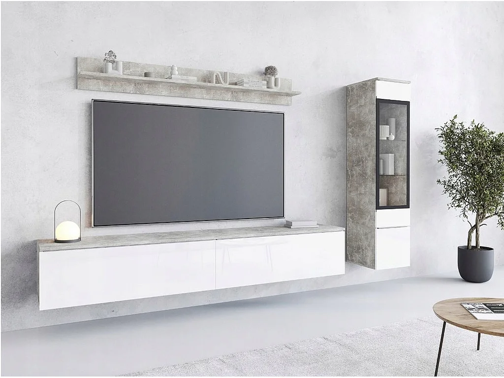 Nowoczesny zestaw mebli do salonu 3 elementy – szafka RTV 180 cm, witryna i półka, korpus beton mat, fronty biały połysk, stojąca lub wisząca