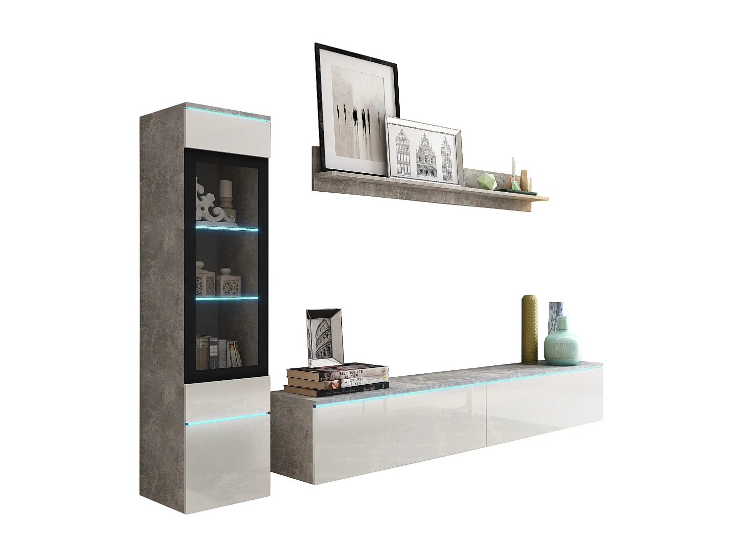 Ensemble moderne de meubles de salon 3 éléments – meuble TV 180 cm, vitrine et étagère, corps béton mat, façades blanc brillant, autoportant ou suspendu