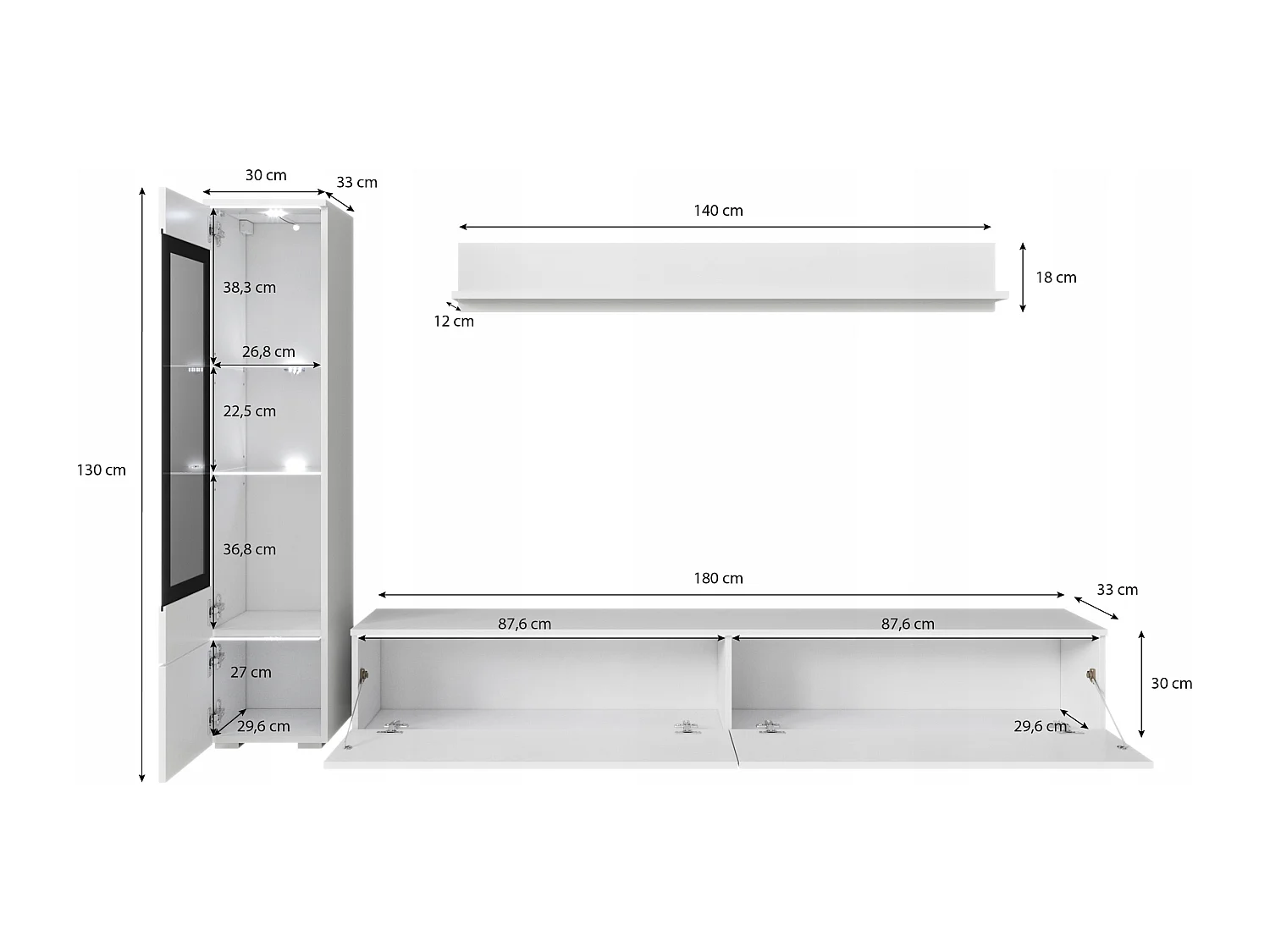 Ensemble moderne de meubles de salon 3 éléments – meuble TV 180 cm, vitrine et étagère, corps béton mat, façades blanc brillant, autoportant ou suspendu