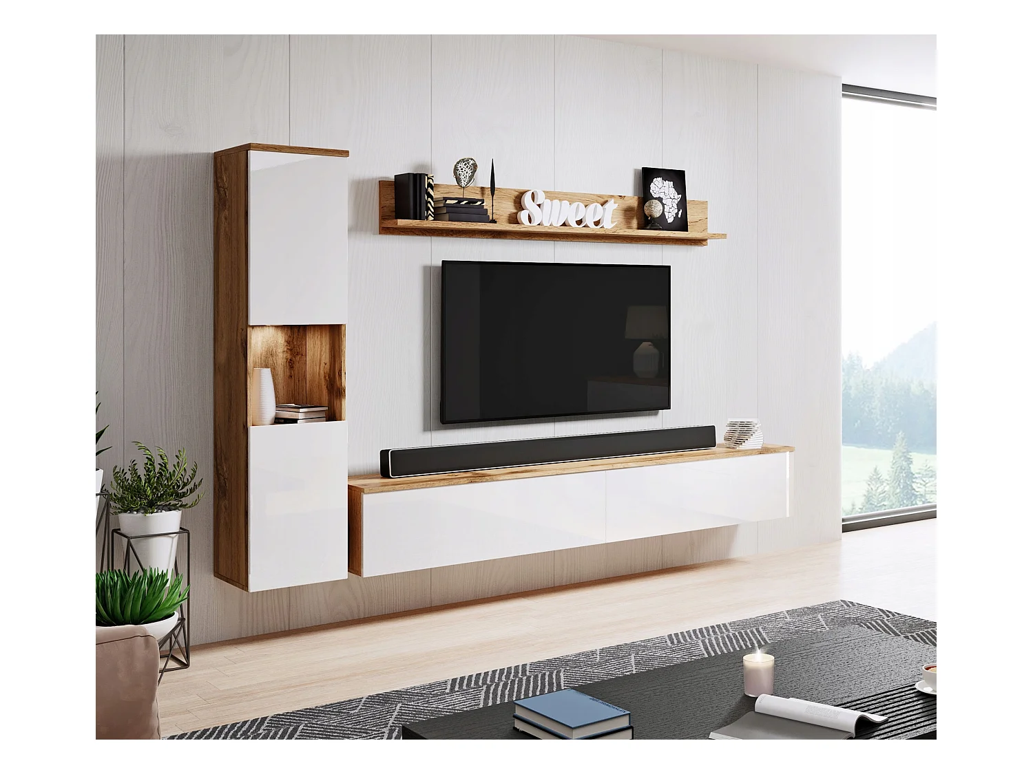 Meuble mural moderne 3 pièces pour salon, structure wotan, façades blanc brillant, colonne et meuble TV 180 cm