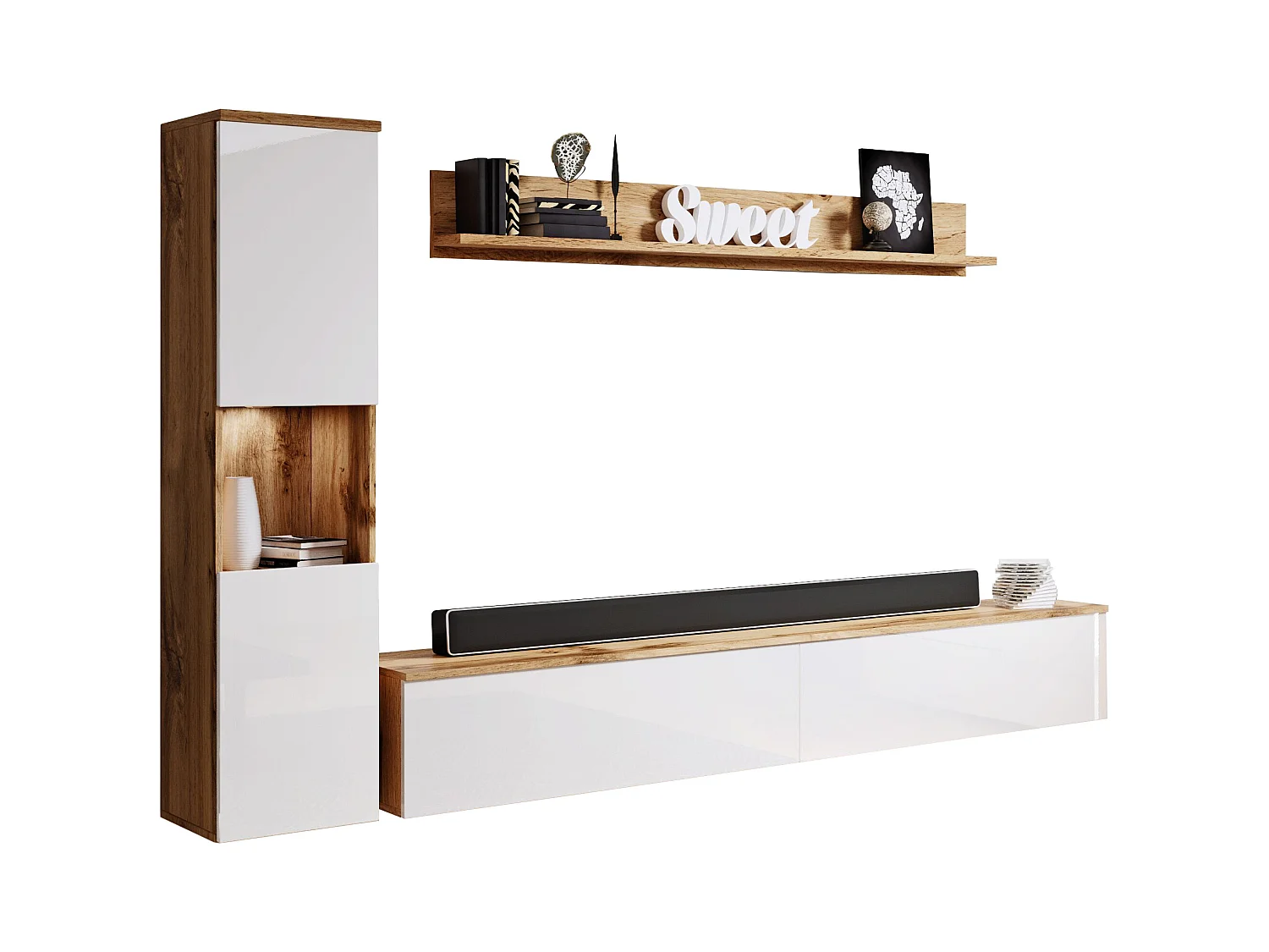 Moderne woonkamerset 3-delig, corpus wotan, fronten wit hoogglans, kolomkast en tv-meubel 180 cm