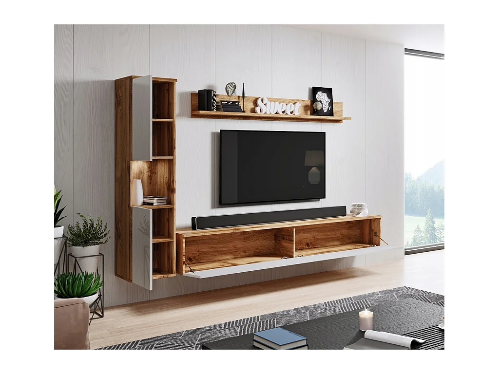 Moderne woonkamerset 3-delig, corpus wotan, fronten wit hoogglans, kolomkast en tv-meubel 180 cm