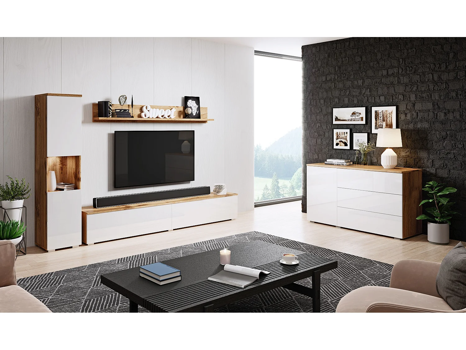 Moderne woonkamerset 3-delig, corpus wotan, fronten wit hoogglans, kolomkast en tv-meubel 180 cm