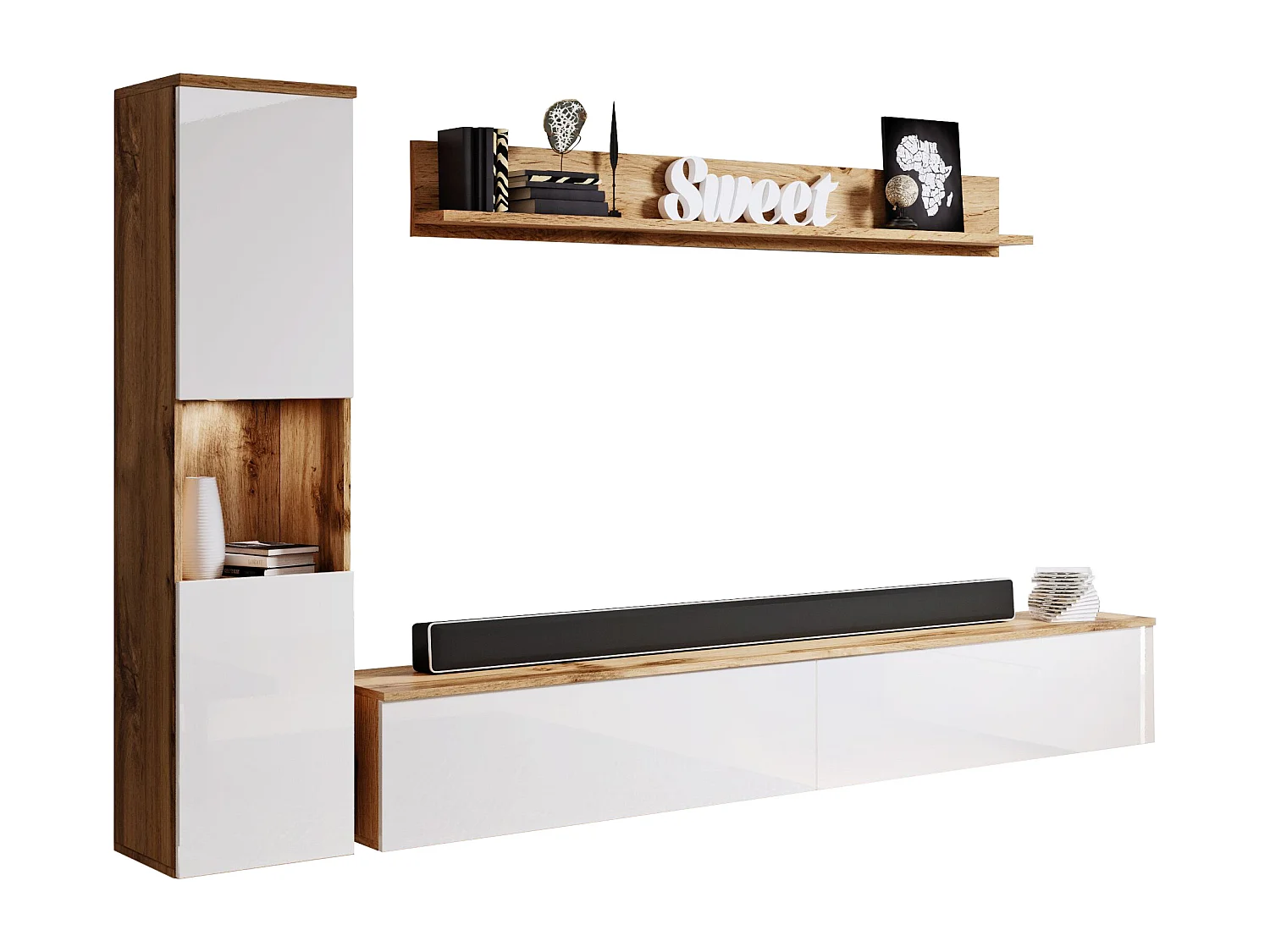 Meuble mural moderne 3 pièces pour salon, structure wotan, façades blanc brillant, colonne et meuble TV 180 cm