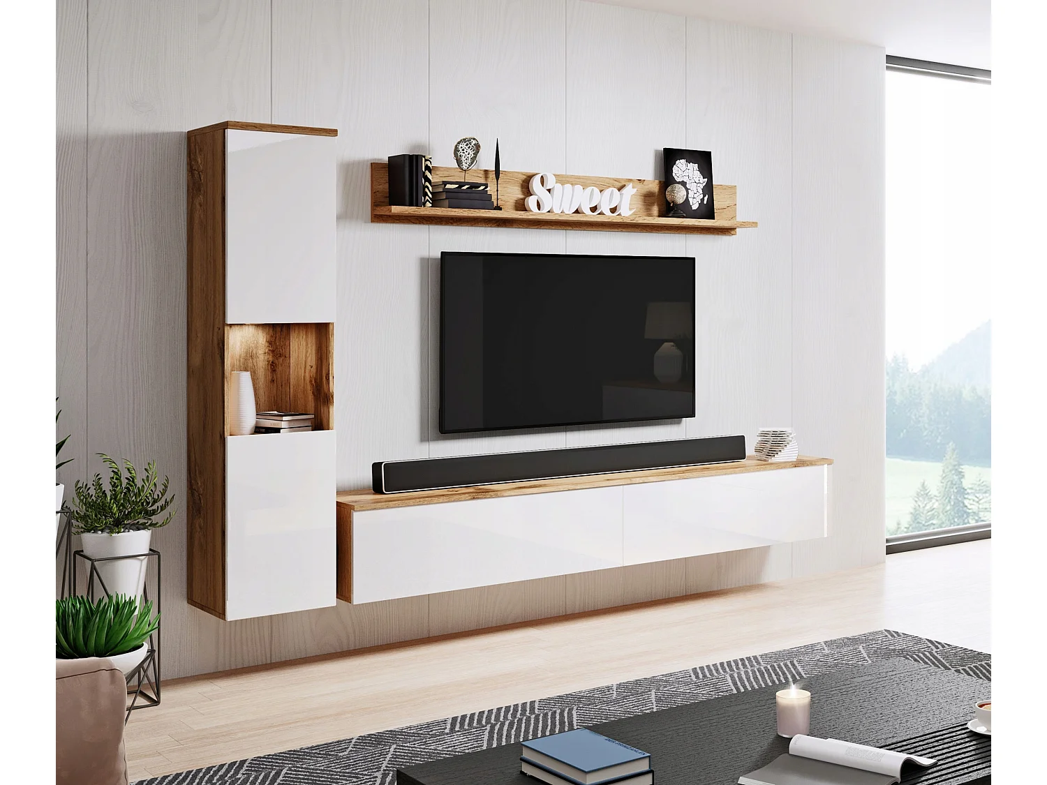 Meuble mural moderne 3 pièces pour salon, structure wotan, façades blanc brillant, colonne et meuble TV 180 cm