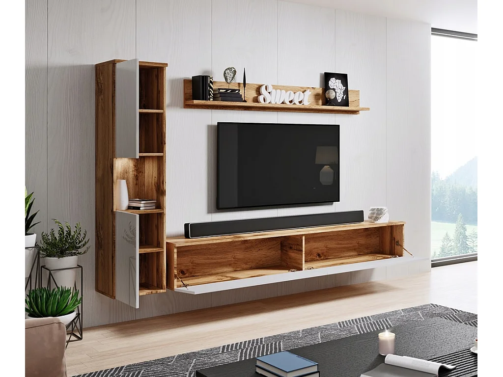 Meuble mural moderne 3 pièces pour salon, structure wotan, façades blanc brillant, colonne et meuble TV 180 cm