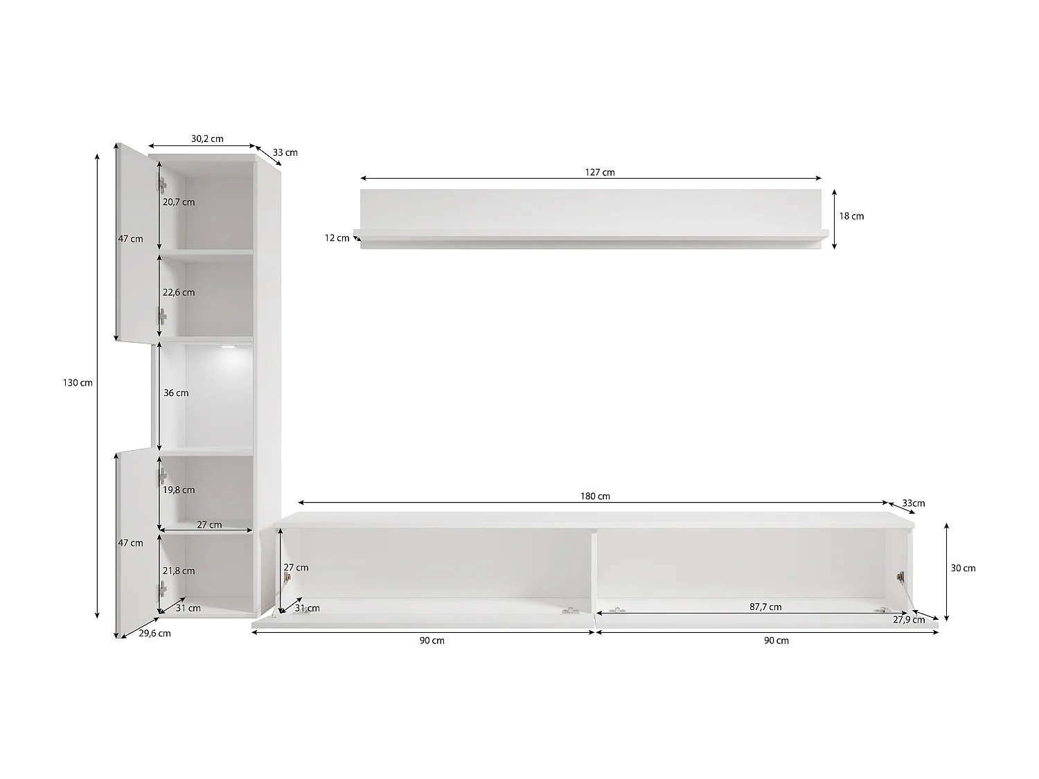 Meuble mural moderne 3 pièces pour salon, structure wotan, façades blanc brillant, colonne et meuble TV 180 cm