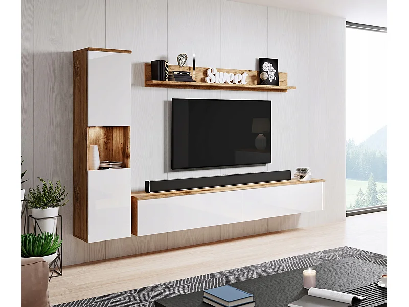 Moderne woonkamerset 3-delig, corpus wotan, fronten wit hoogglans, kolomkast en tv-meubel 180 cm