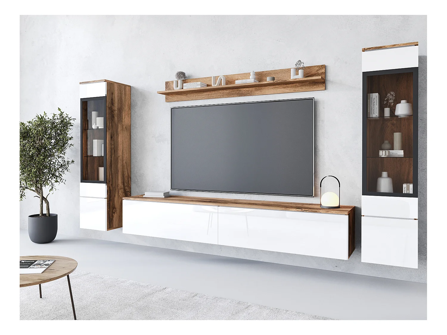 Moderne woonkamer meubelset 4-delig, TV-meubel 180 cm, 2 vitrinekasten en plank, corpus eiken Wotan mat, fronten wit hoogglans, staand of hangend