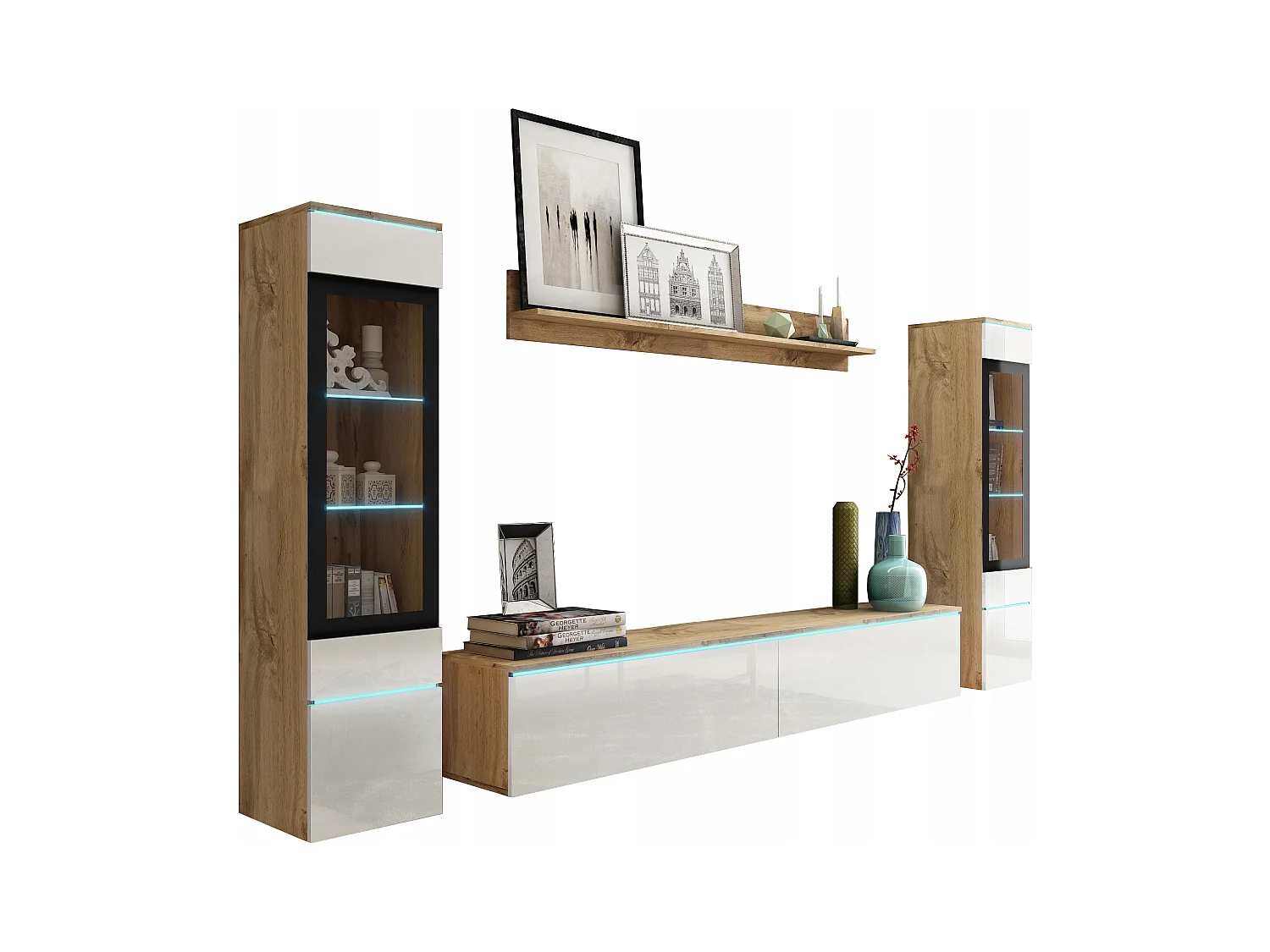 Moderne woonkamer meubelset 4-delig, TV-meubel 180 cm, 2 vitrinekasten en plank, corpus eiken Wotan mat, fronten wit hoogglans, staand of hangend