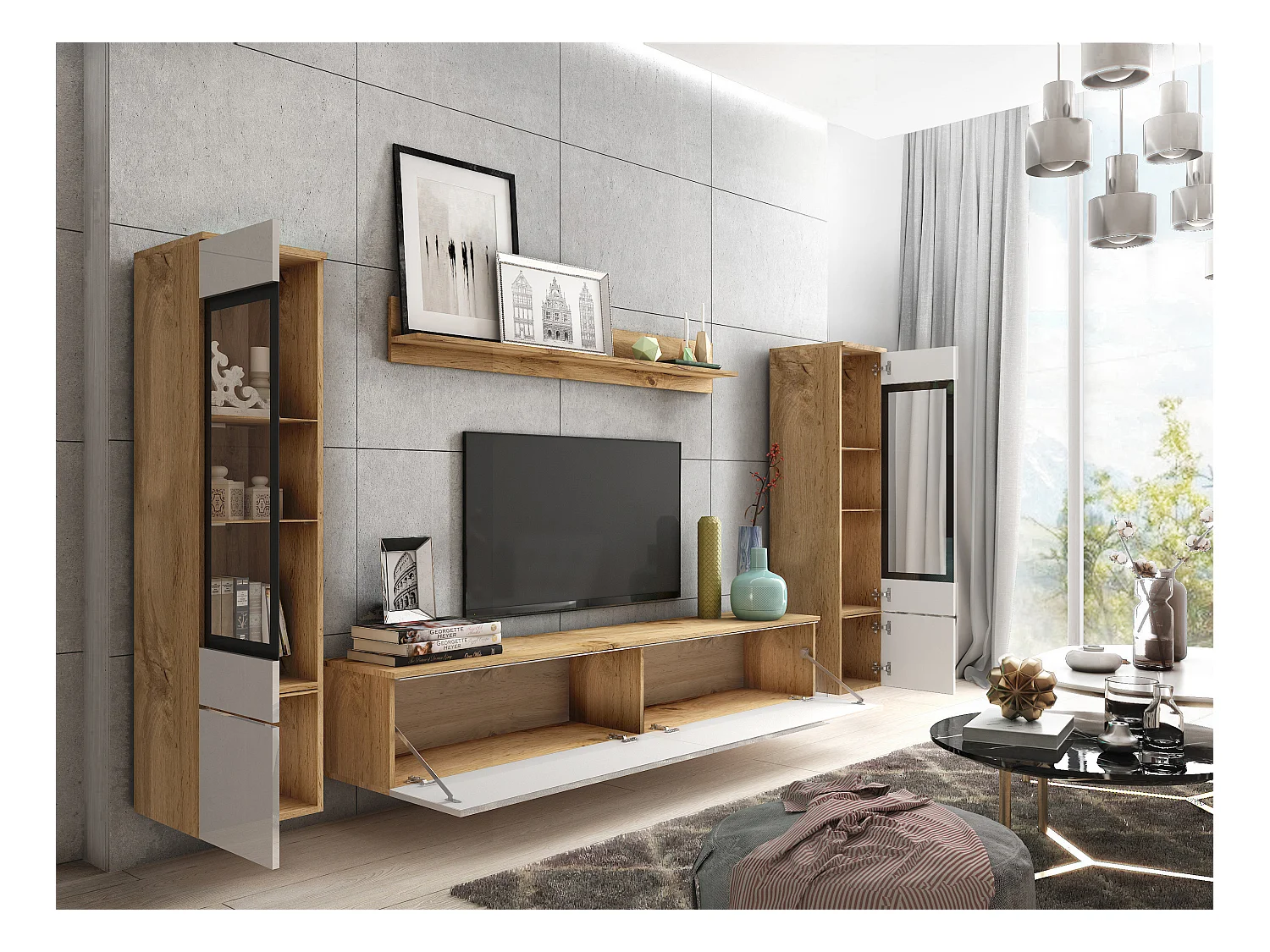 Moderne woonkamer meubelset 4-delig, TV-meubel 180 cm, 2 vitrinekasten en plank, corpus eiken Wotan mat, fronten wit hoogglans, staand of hangend