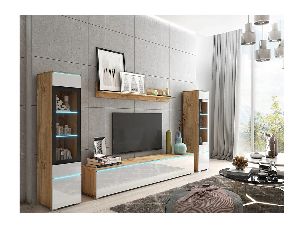 Moderne woonkamer meubelset 4-delig, TV-meubel 180 cm, 2 vitrinekasten en plank, corpus eiken Wotan mat, fronten wit hoogglans, staand of hangend