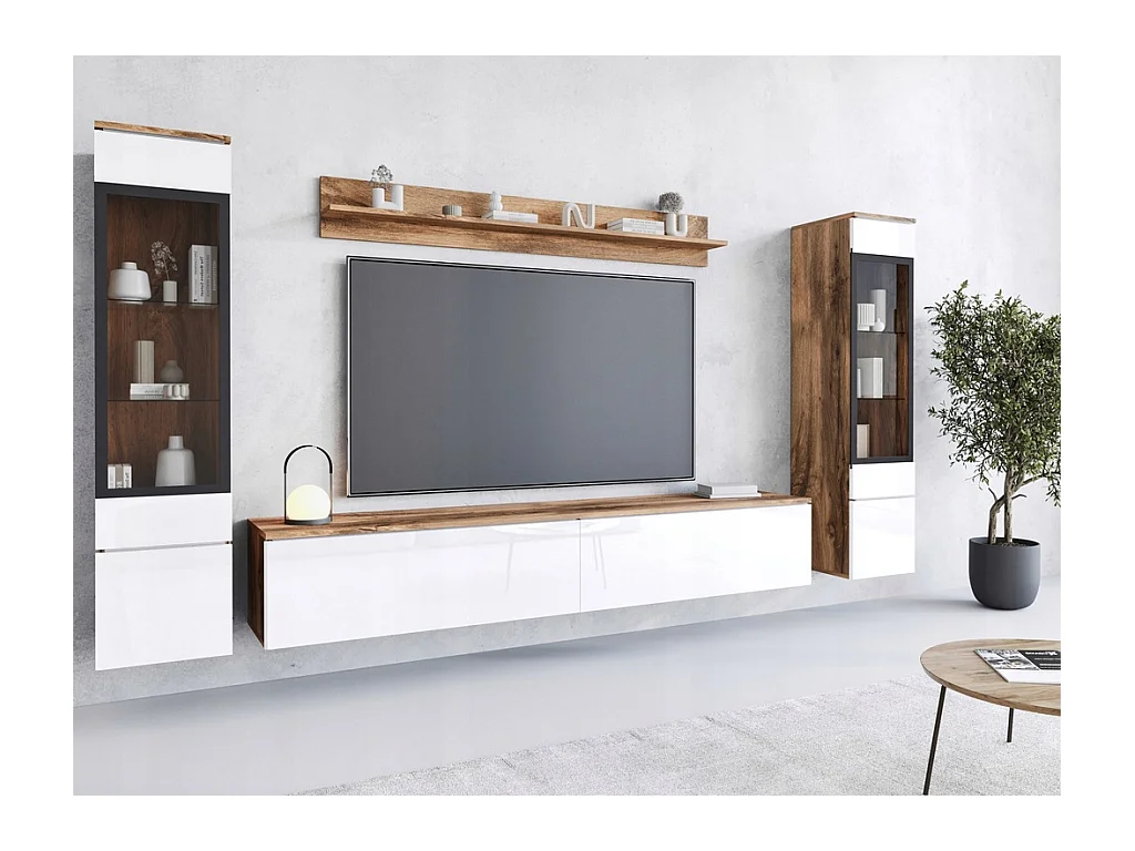 Moderne woonkamer meubelset 4-delig, TV-meubel 180 cm, 2 vitrinekasten en plank, corpus eiken Wotan mat, fronten wit hoogglans, staand of hangend