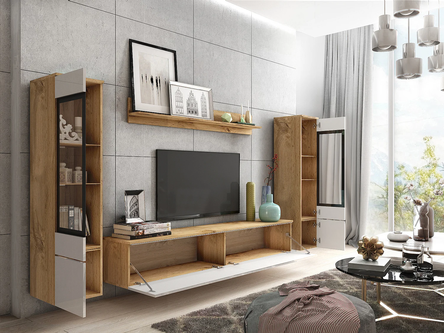 Moderne woonkamer meubelset 4-delig, TV-meubel 180 cm, 2 vitrinekasten en plank, corpus eiken Wotan mat, fronten wit hoogglans, staand of hangend