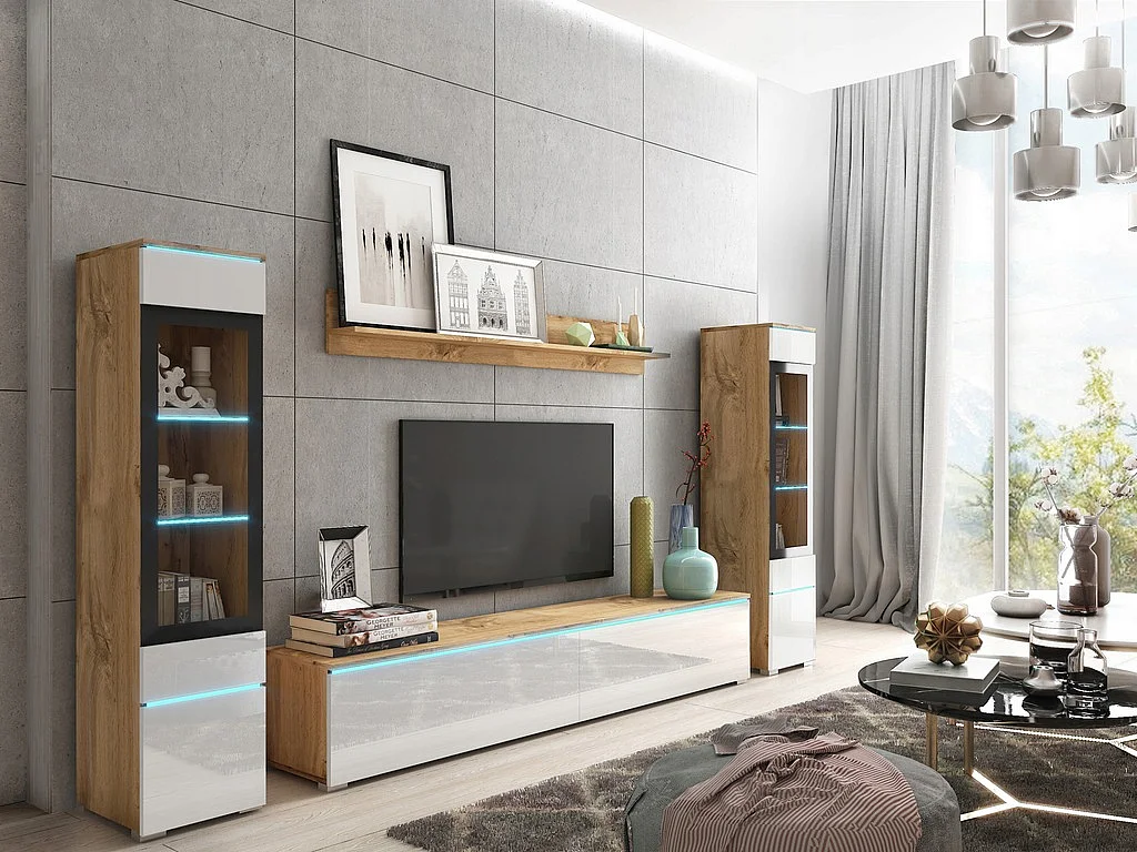 Moderne woonkamer meubelset 4-delig, TV-meubel 180 cm, 2 vitrinekasten en plank, corpus eiken Wotan mat, fronten wit hoogglans, staand of hangend
