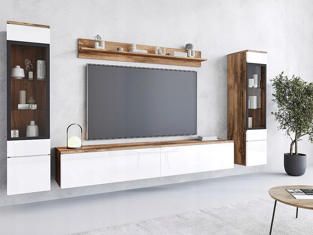 Moderne woonkamer meubelset 4-delig, TV-meubel 180 cm, 2 vitrinekasten en plank, corpus eiken Wotan mat, fronten wit hoogglans, staand of hangend