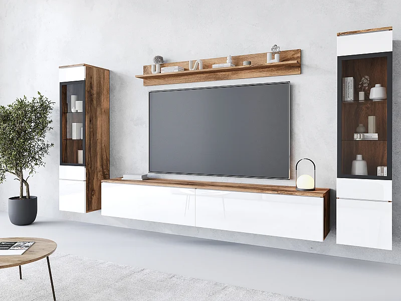 Ensemble moderne de meubles de salon 4 éléments, meuble TV 180 cm, 2 vitrines et étagère, corps chêne Wotan mat, façades blanc brillant, autoportant ou suspendu