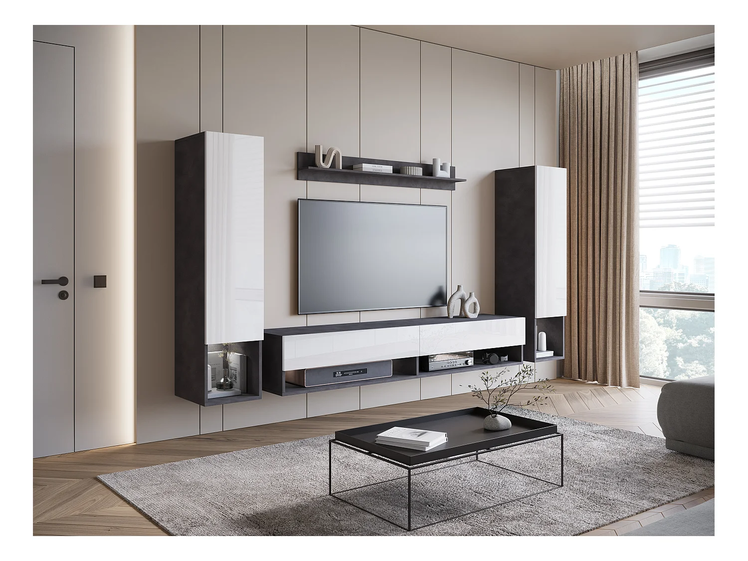 Mur TV moderne – ensemble suspendu pour salon avec 2 colonnes + meuble TV 180 cm + étagère, corps matera mat, façades blanc brillant