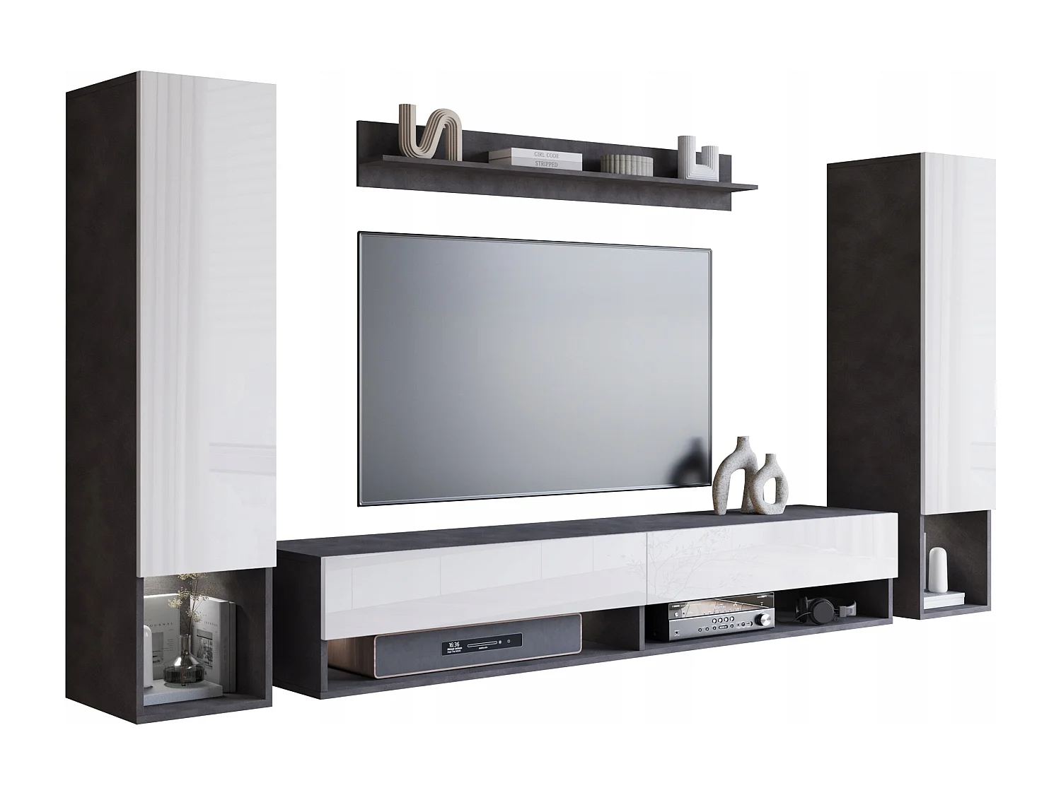 Mueble de salón moderno – conjunto colgante con 2 columnas + mueble TV 180 cm + estante, cuerpo matera mate, frentes blanco brillo