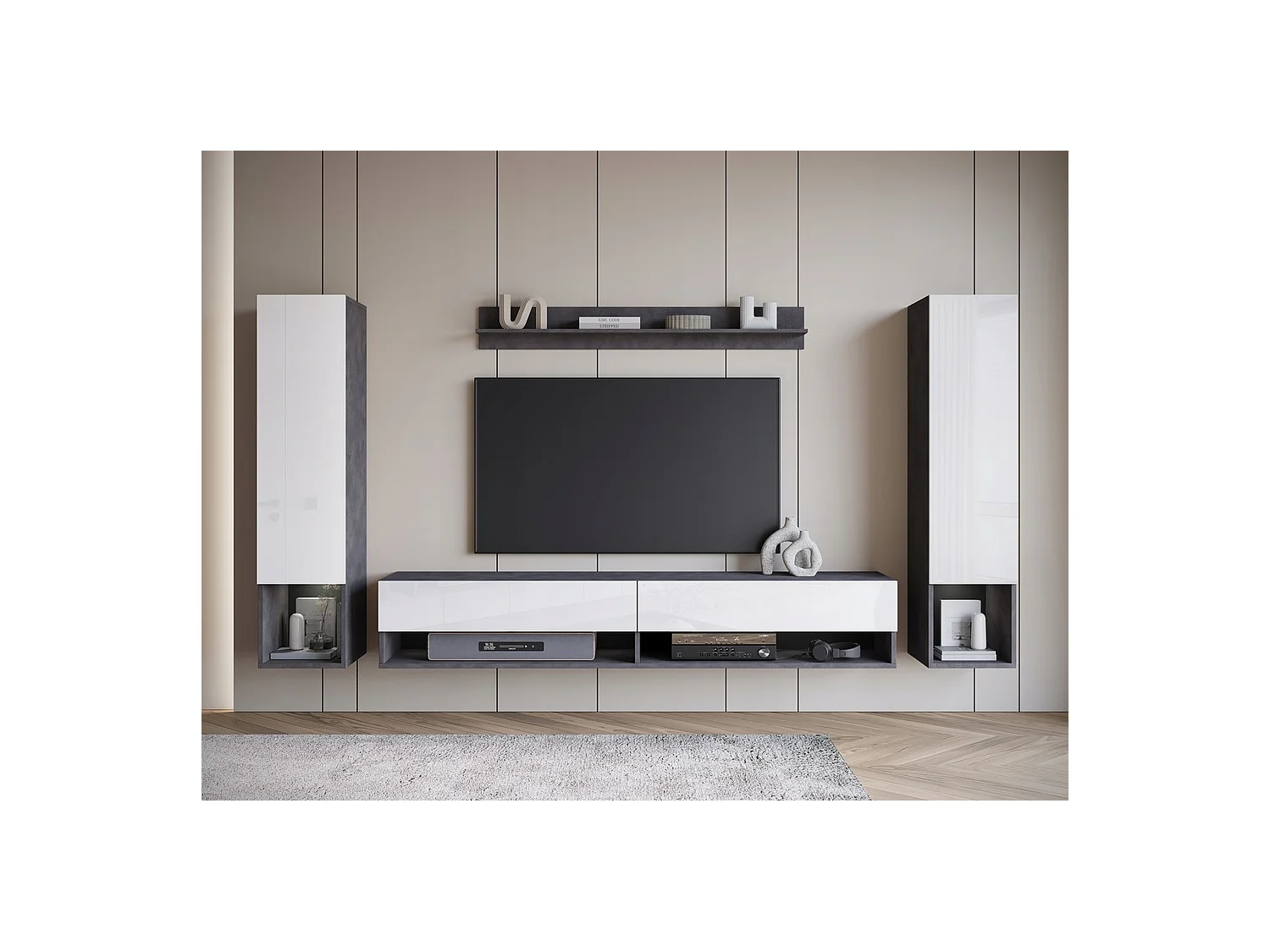 Mueble de salón moderno – conjunto colgante con 2 columnas + mueble TV 180 cm + estante, cuerpo matera mate, frentes blanco brillo