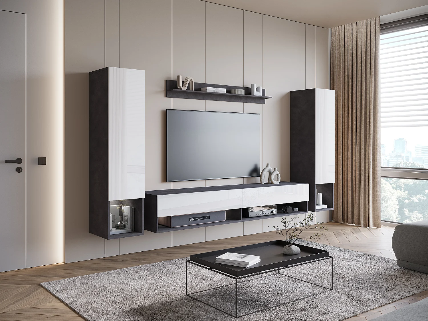 Mur TV moderne – ensemble suspendu pour salon avec 2 colonnes + meuble TV 180 cm + étagère, corps matera mat, façades blanc brillant