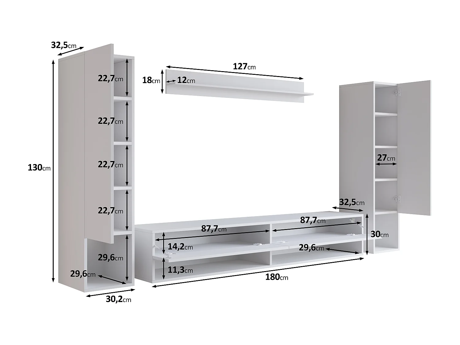 Mur TV moderne – ensemble suspendu pour salon avec 2 colonnes + meuble TV 180 cm + étagère, corps matera mat, façades blanc brillant