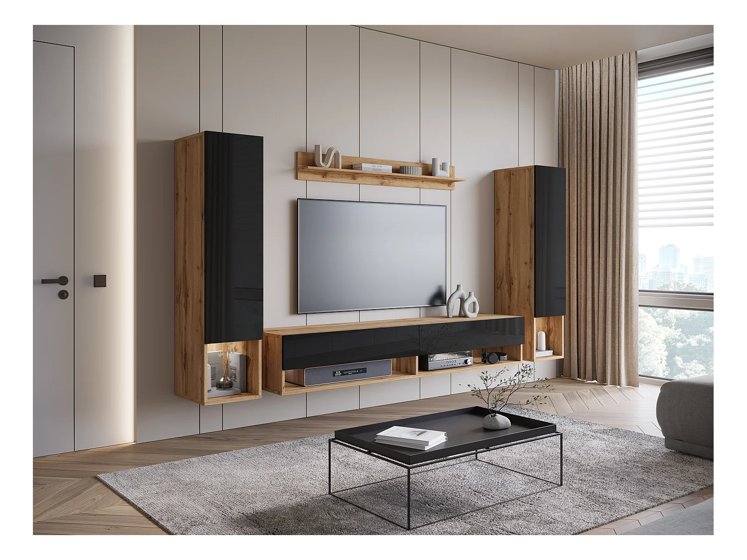 Mur TV moderne – ensemble suspendu pour salon avec 2 colonnes + meuble TV 180 cm + étagère, corps chêne wotan mat, façades noir brillant