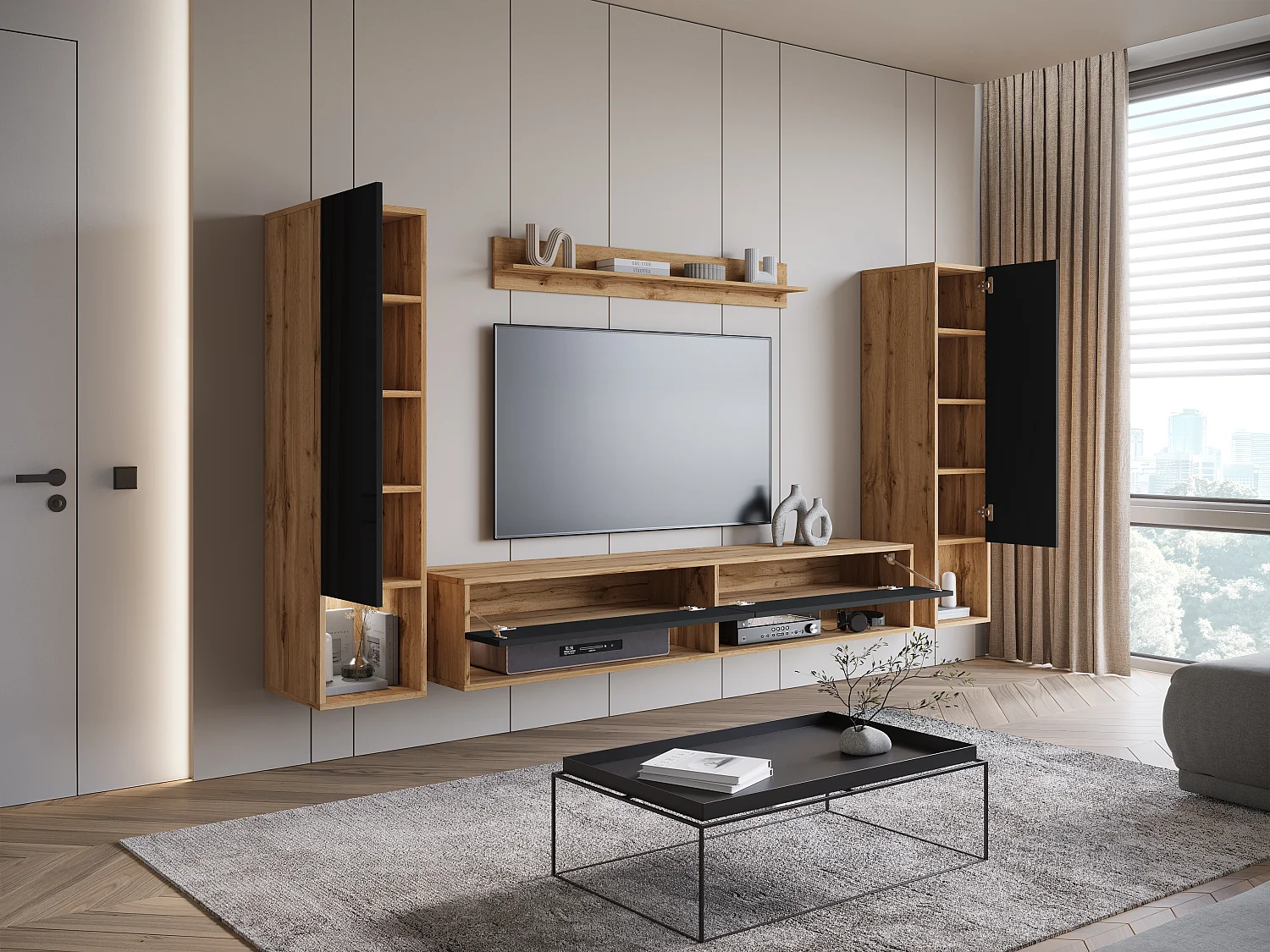 Parete attrezzata moderna – set sospeso per soggiorno con 2 colonne + mobile TV 180 cm + mensola, struttura rovere wotan opaco, frontali nero lucido