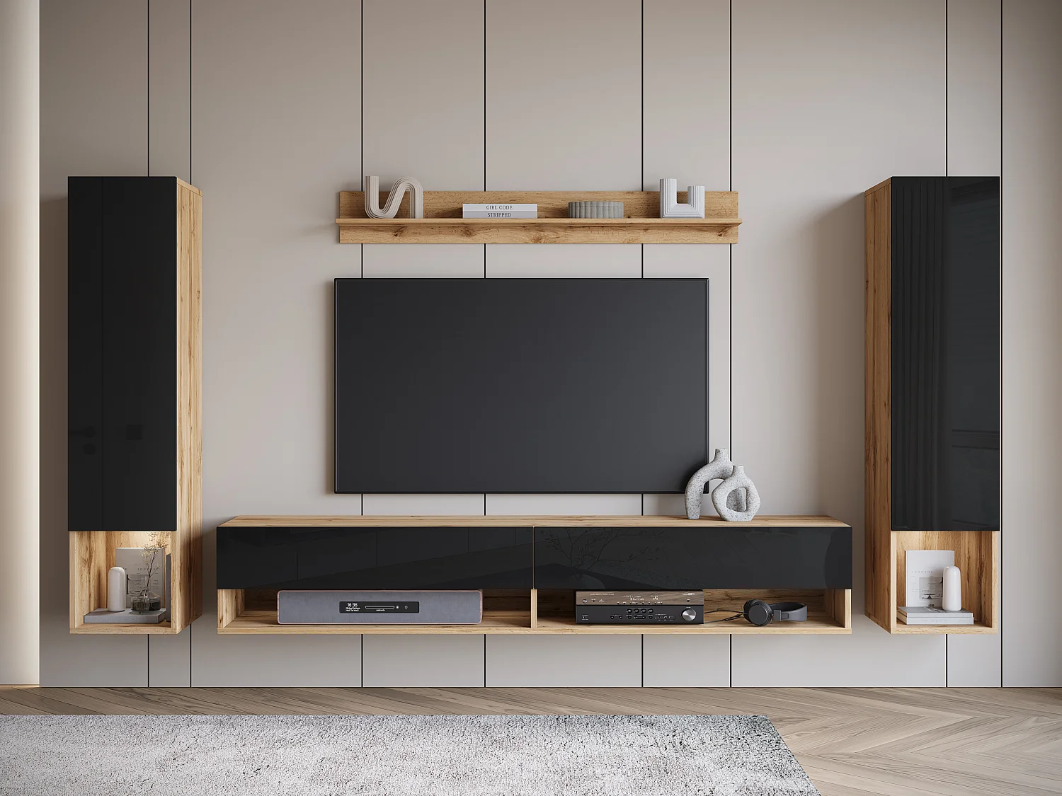 Parete attrezzata moderna – set sospeso per soggiorno con 2 colonne + mobile TV 180 cm + mensola, struttura rovere wotan opaco, frontali nero lucido