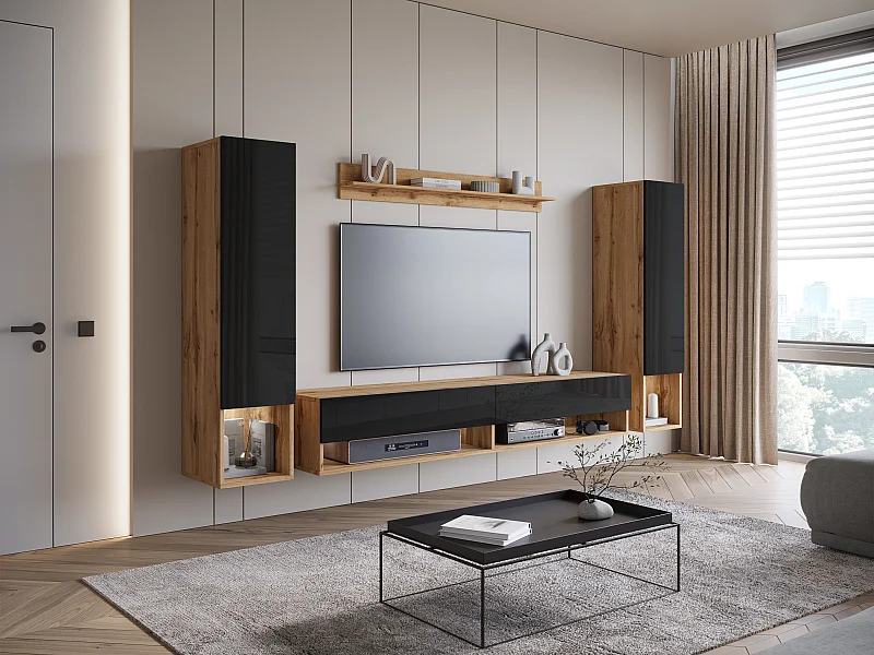 Mur TV moderne – ensemble suspendu pour salon avec 2 colonnes + meuble TV 180 cm + étagère, corps chêne wotan mat, façades noir brillant