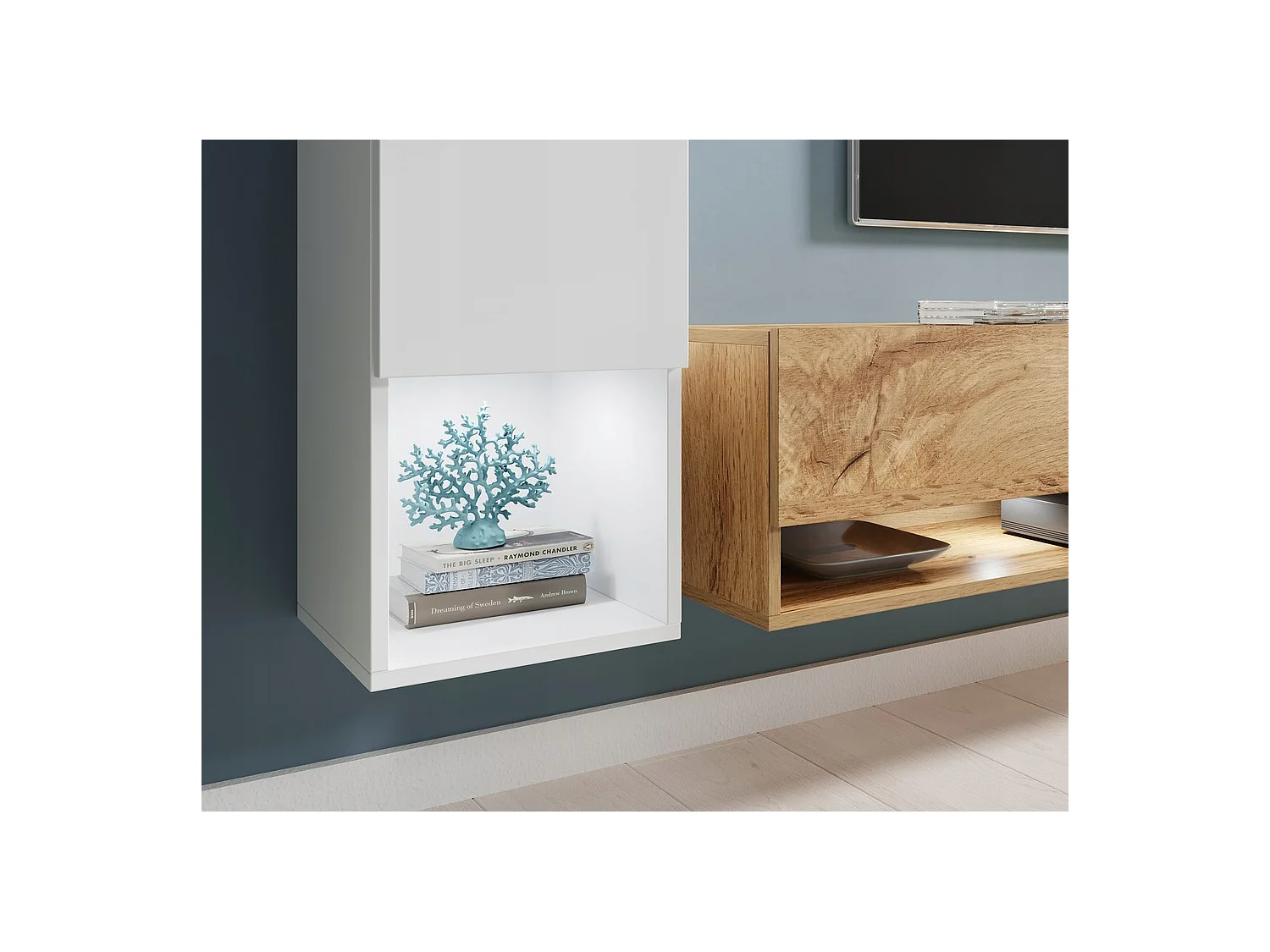 Moderne woonwand 4-delig – hangend TV-meubel 180 cm met kolom en kasten, wotan eiken mat