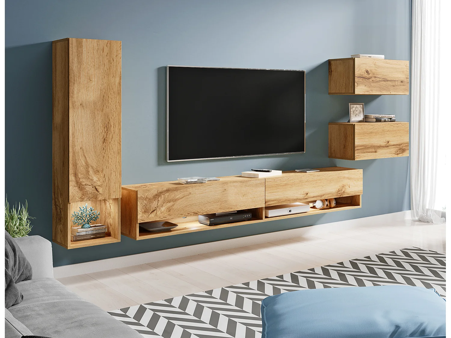 Moderne woonwand 4-delig – hangend TV-meubel 180 cm met kolom en kasten, wotan eiken mat